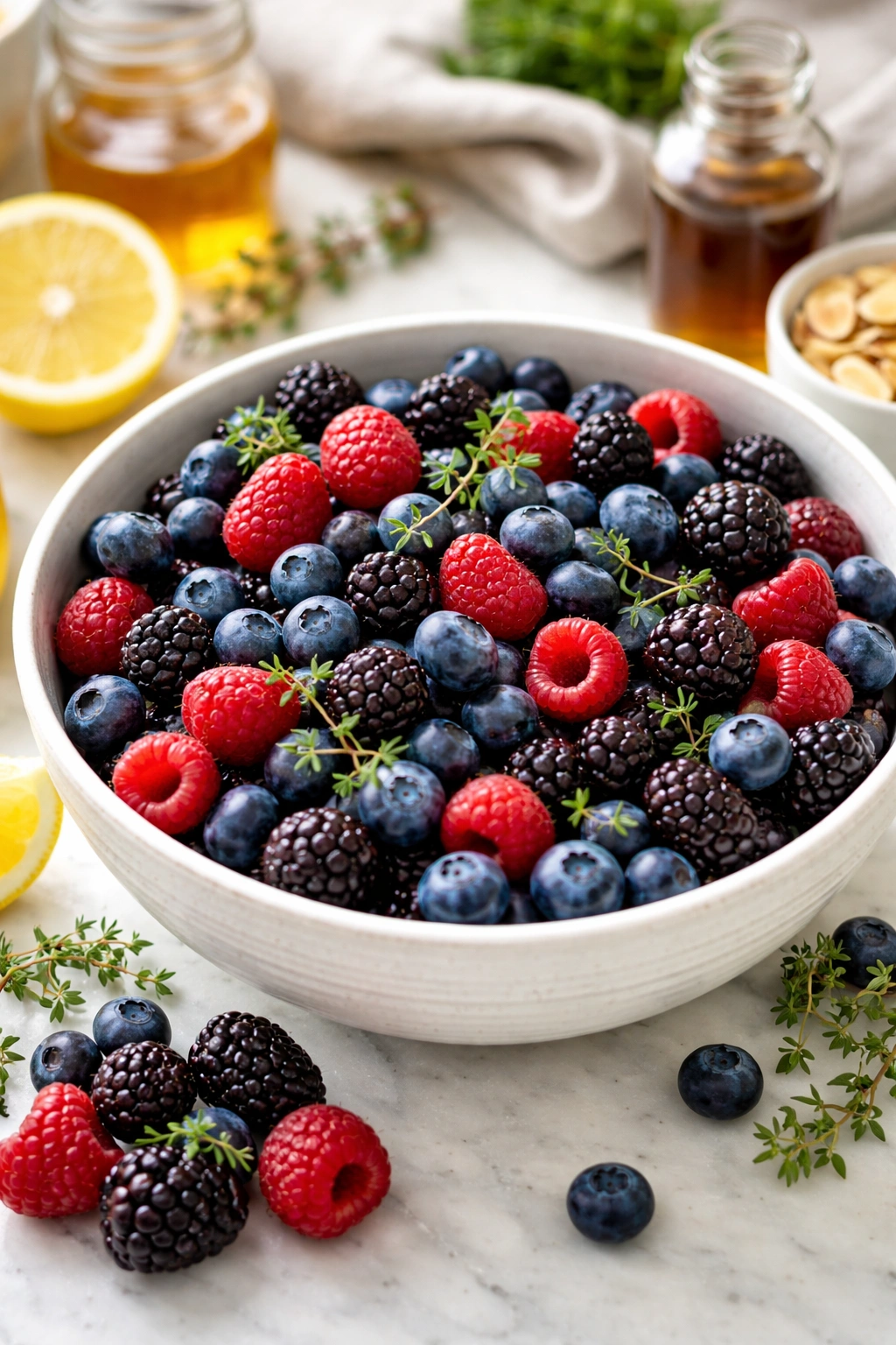 Assorted berries with thyme on a bright kitchen counter