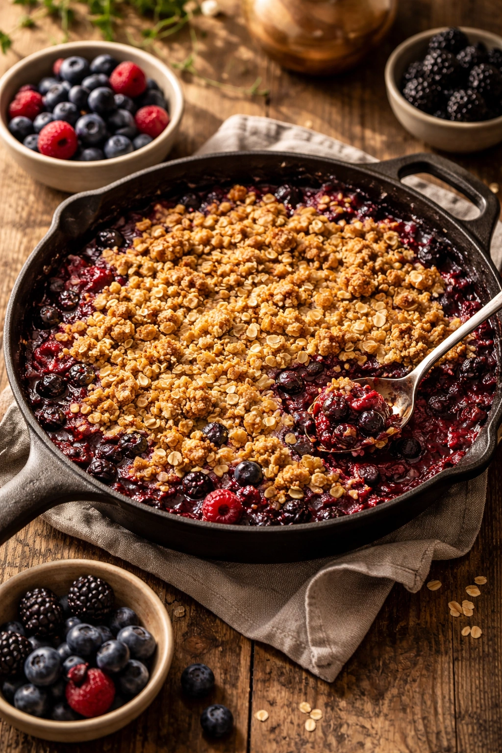 Berry crisp in cast-iron skillet with oat topping