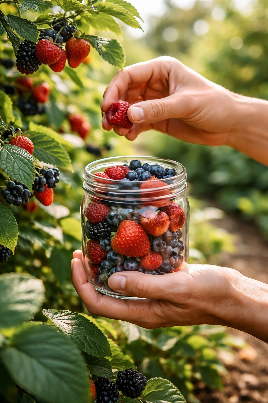 Hands placing ripe berries into a glass jar for storage