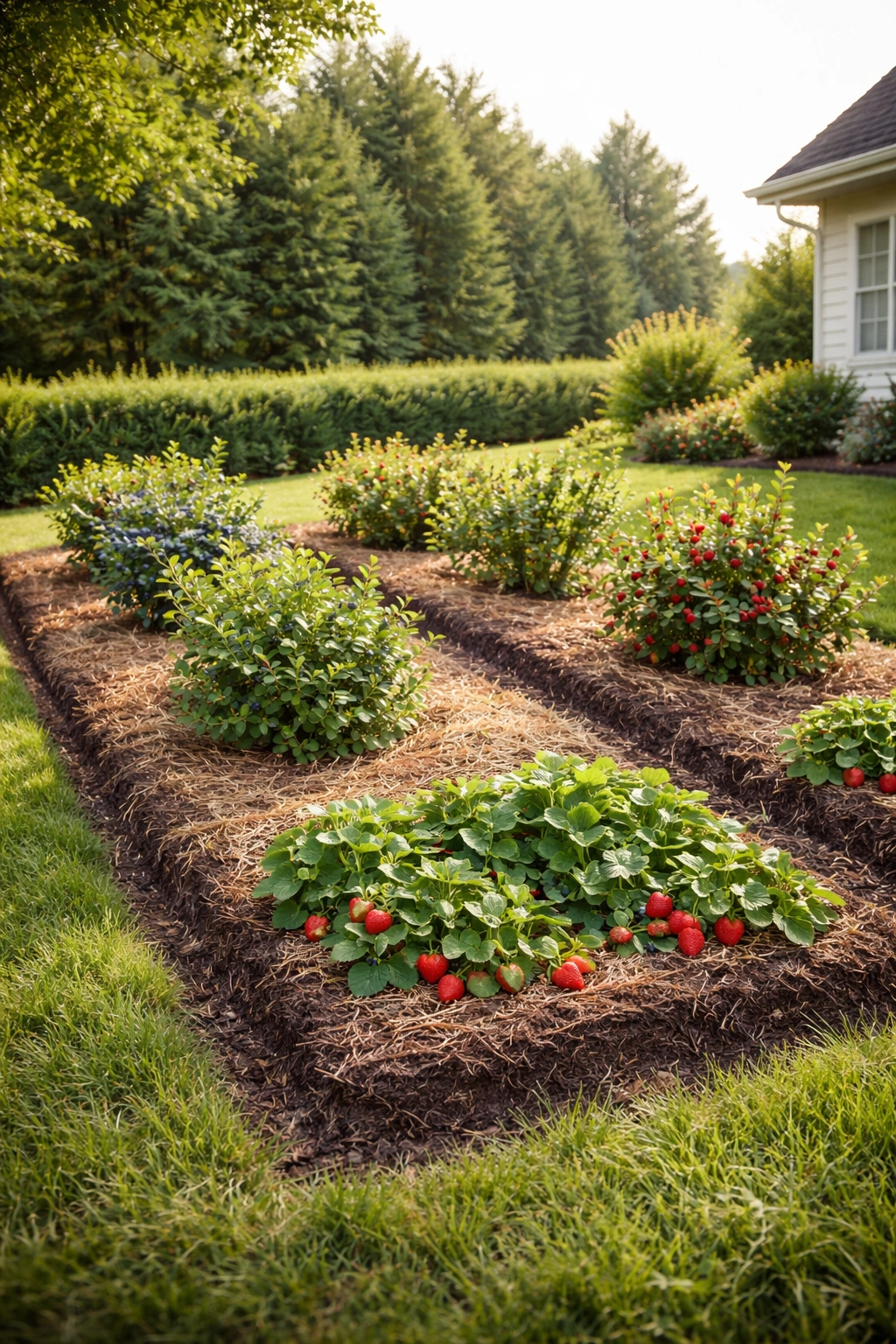 Sunny berry patch with evenly spaced bushes on raised bed showing sun, drainage, and wind protection