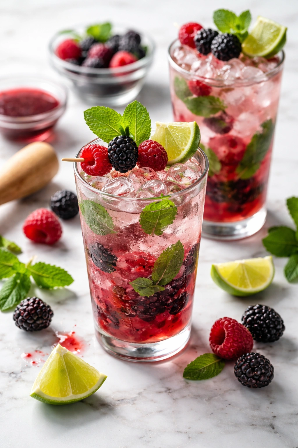 Berry mojito with fresh berries and mint in glass