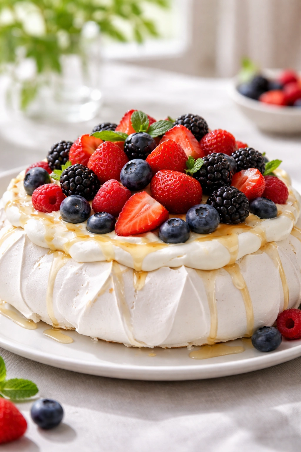 Close-up of berry pavlova topped with mascarpone and honey on a white plate