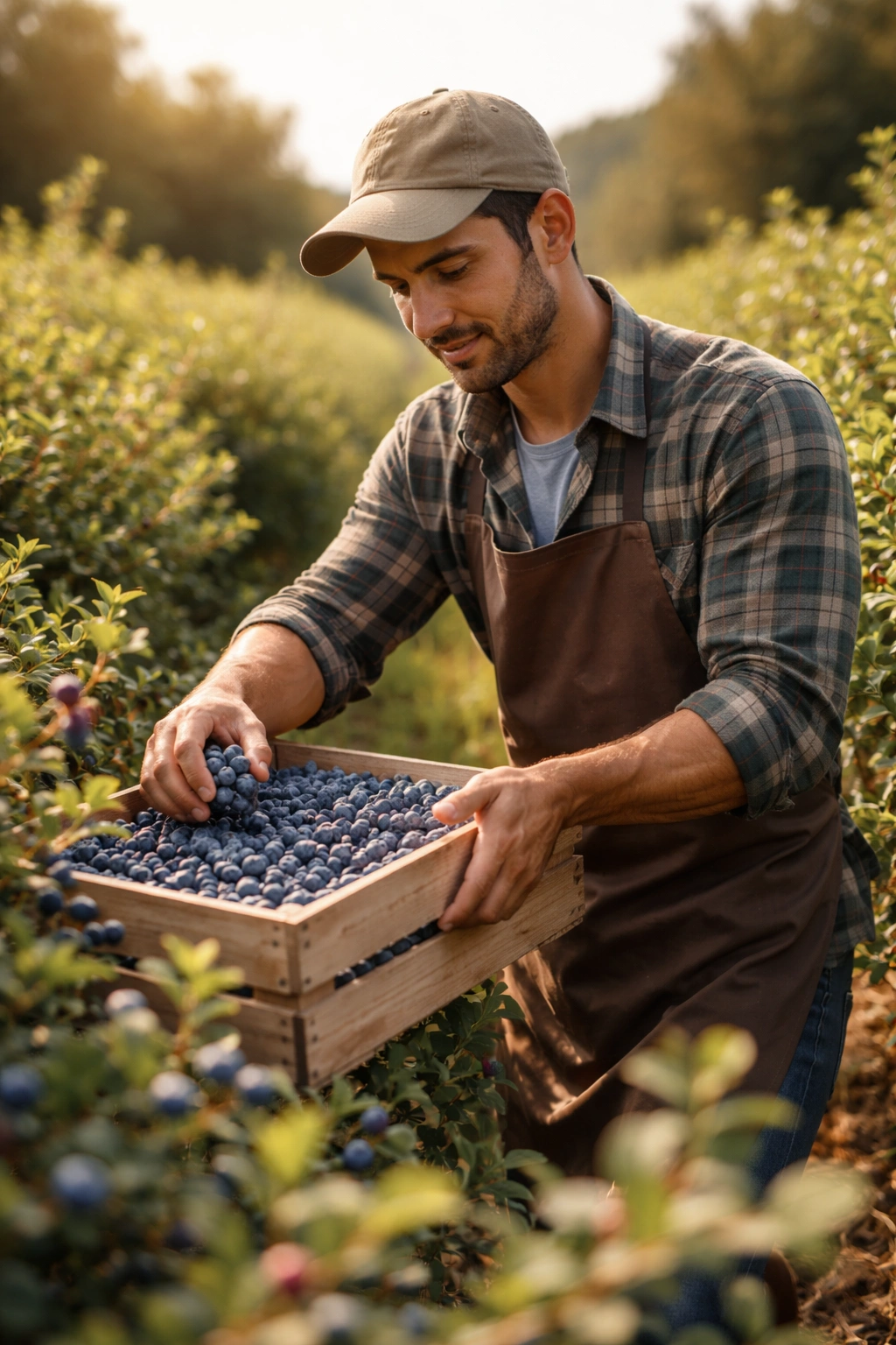 Farm worker picking berries in an orchard