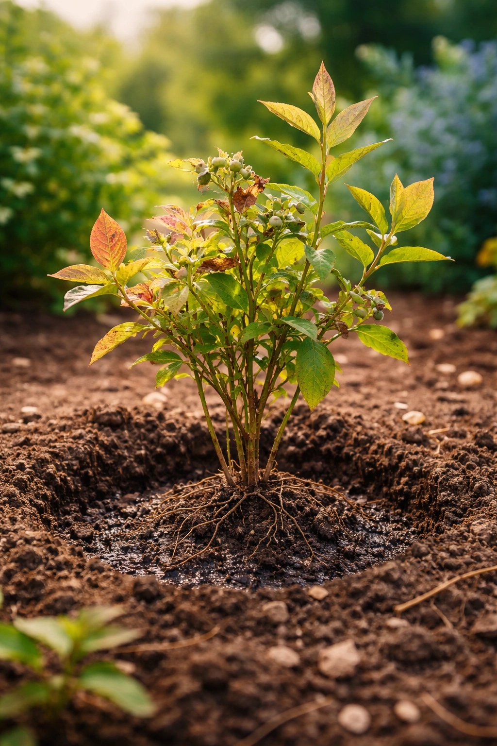 Blueberry bush in garden bed with crown at soil level illustrating planting mistakes