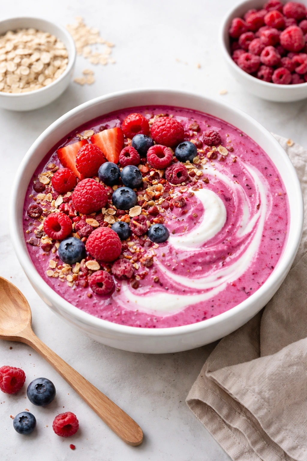 Top-down view of a berry smoothie bowl with yogurt swirl and freeze-dried berries in a white bowl