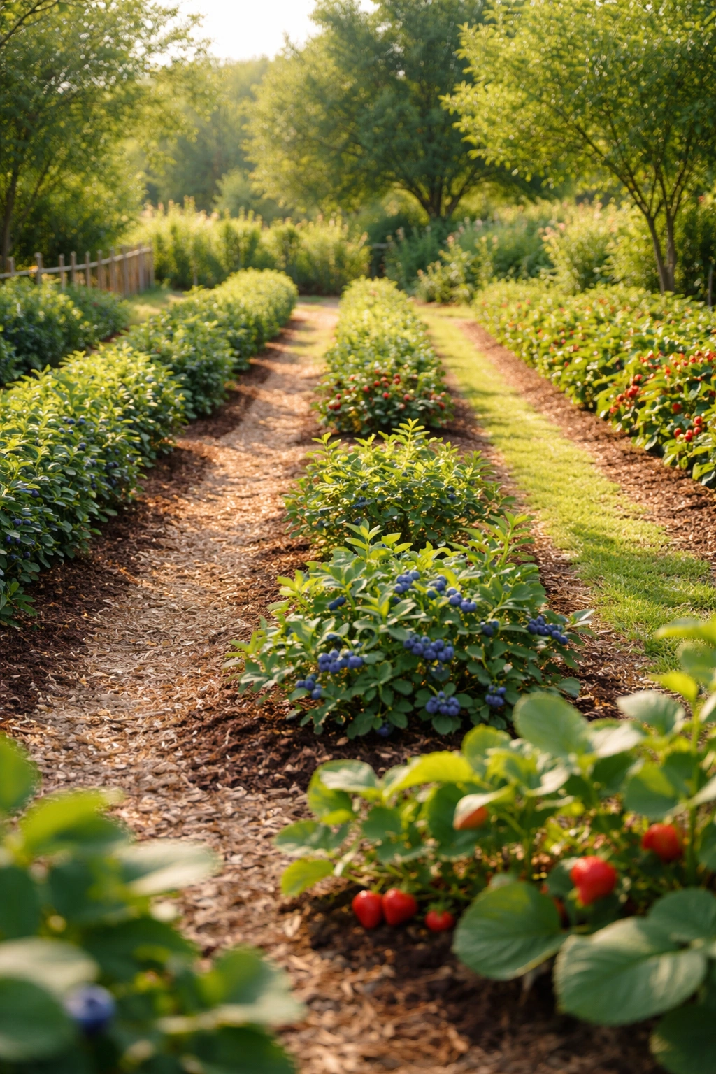 Uniformly spaced berry bushes in neat rows in a sunlit garden