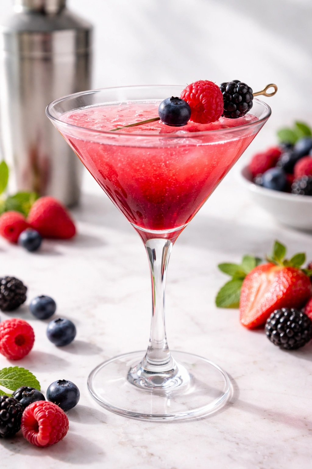 Berry vodka martini with pink-red color and berry garnish.