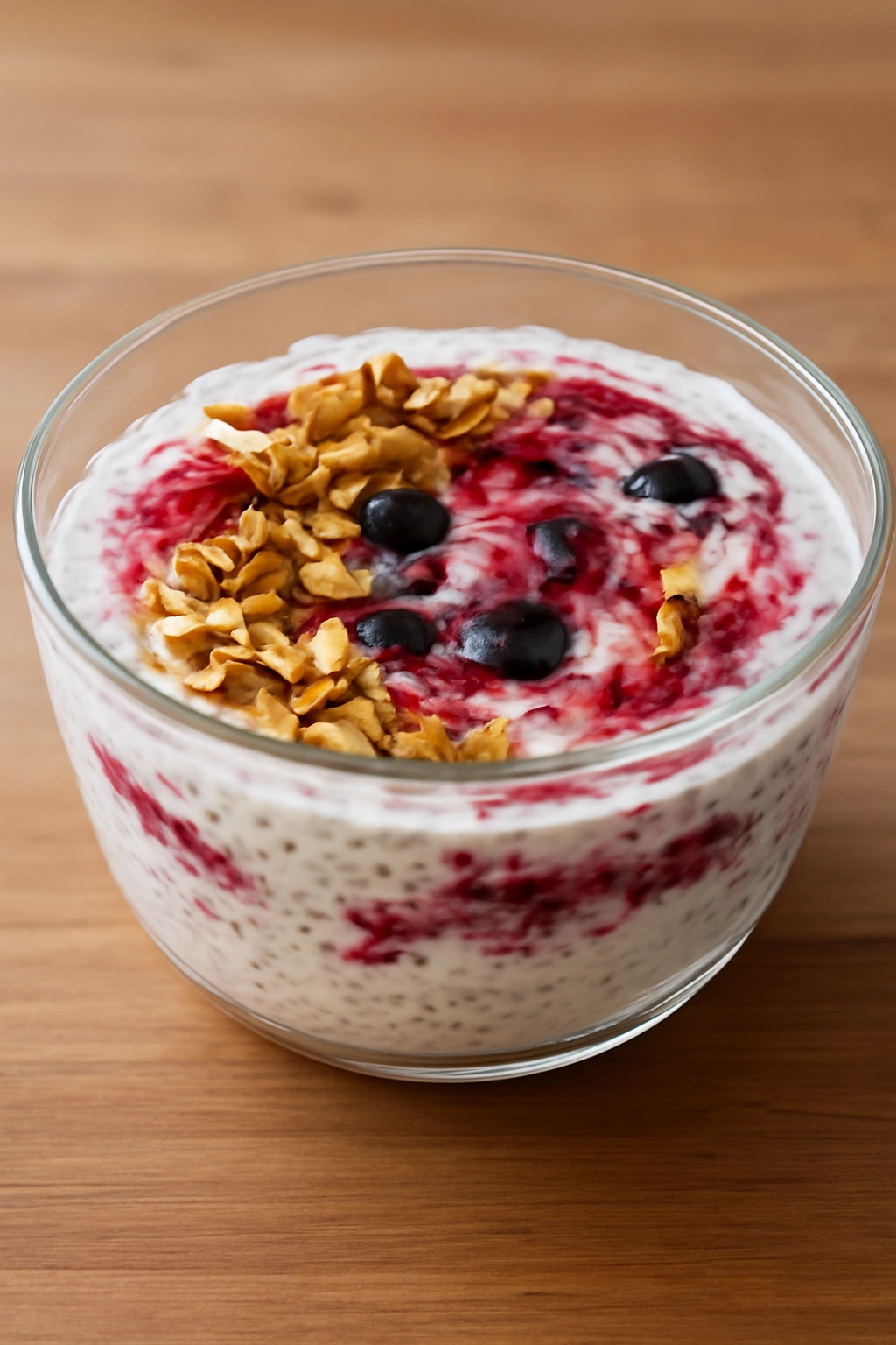 Bright berry lemon yogurt chia pudding with granola swirl in a bowl