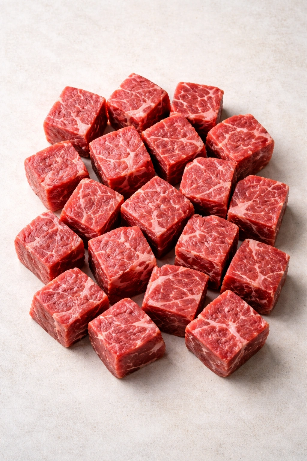 Marbled chuck beef cubes with visible fat on neutral background