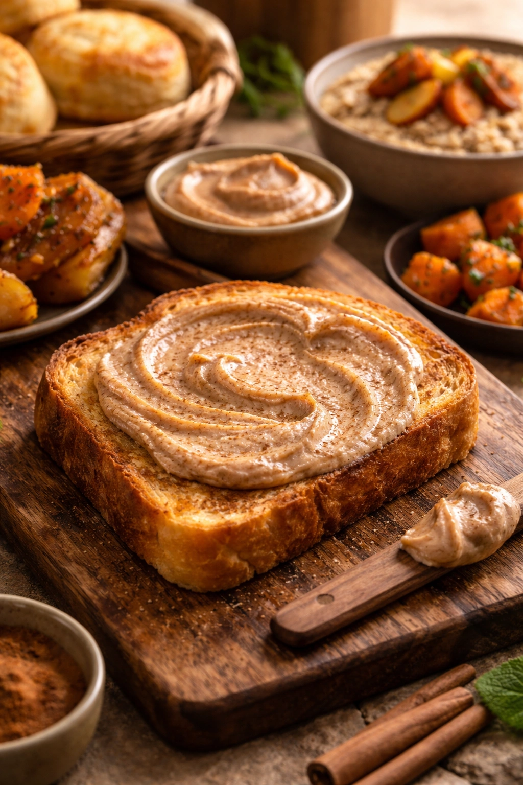 Toast with cinnamon butter on a wooden board