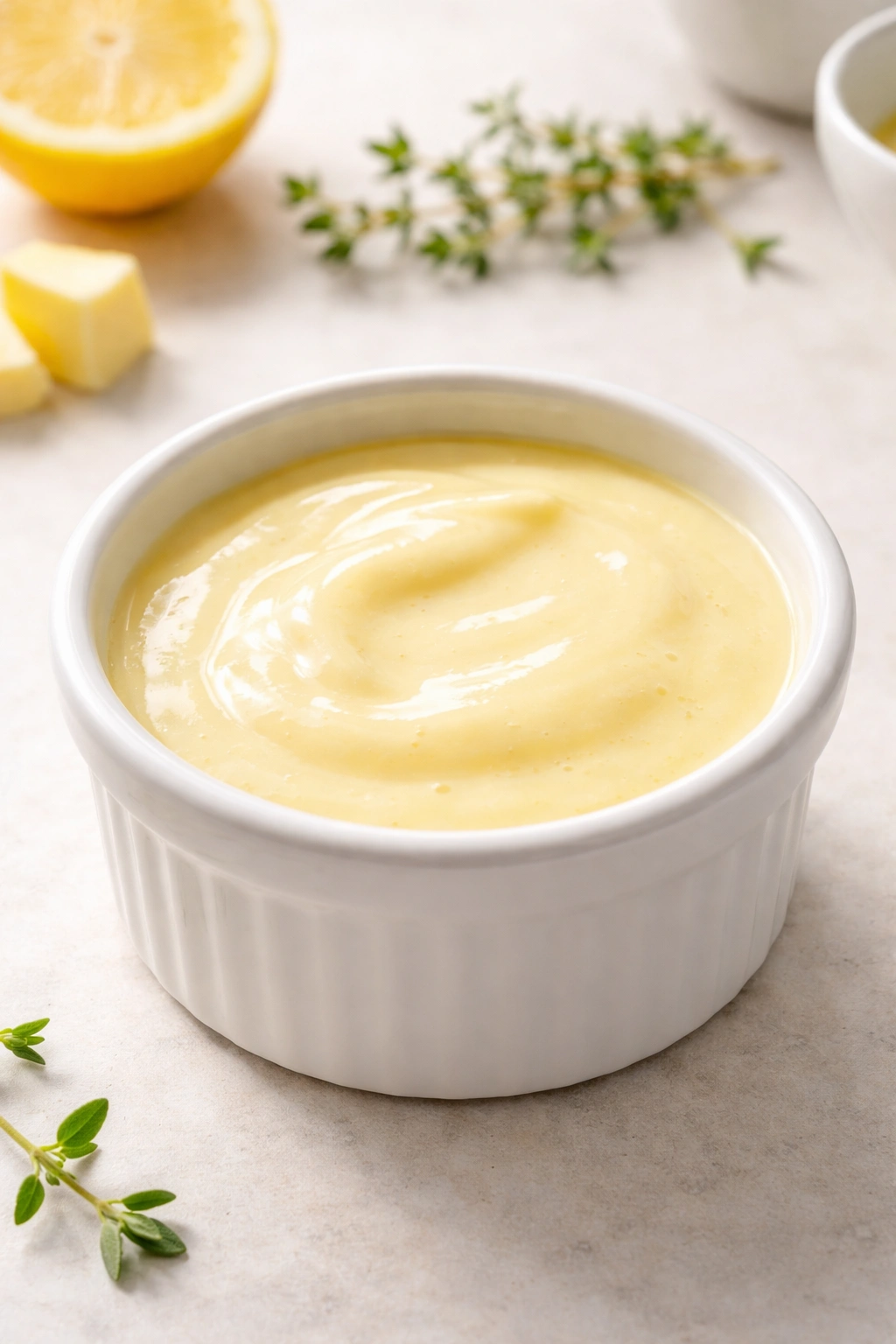 Pale silky beurre blanc in a ramekin