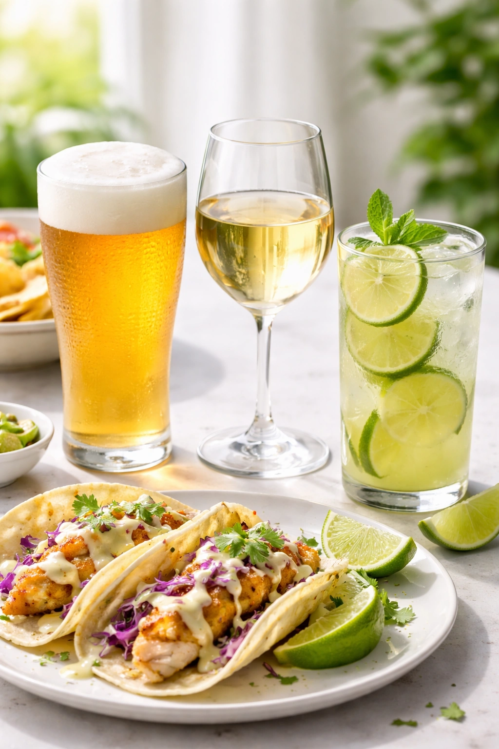 Assorted beverages including beer, wine, and lime agua fresca for pairing with fish tacos