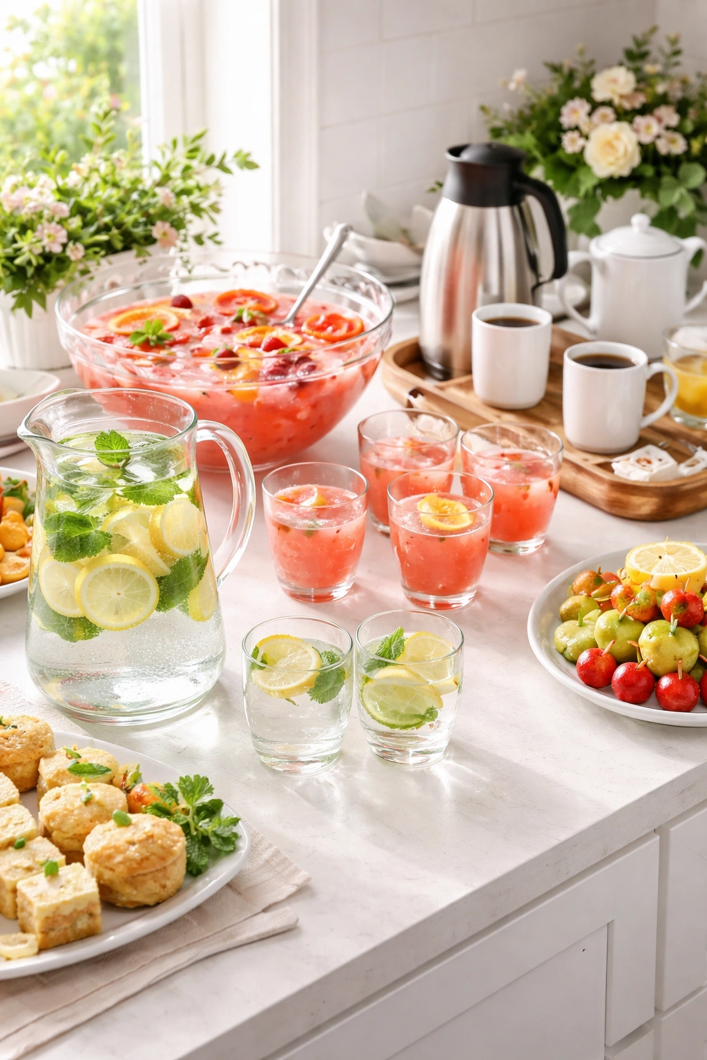 Assorted beverages including sparkling water, punch, and coffee/tea setup