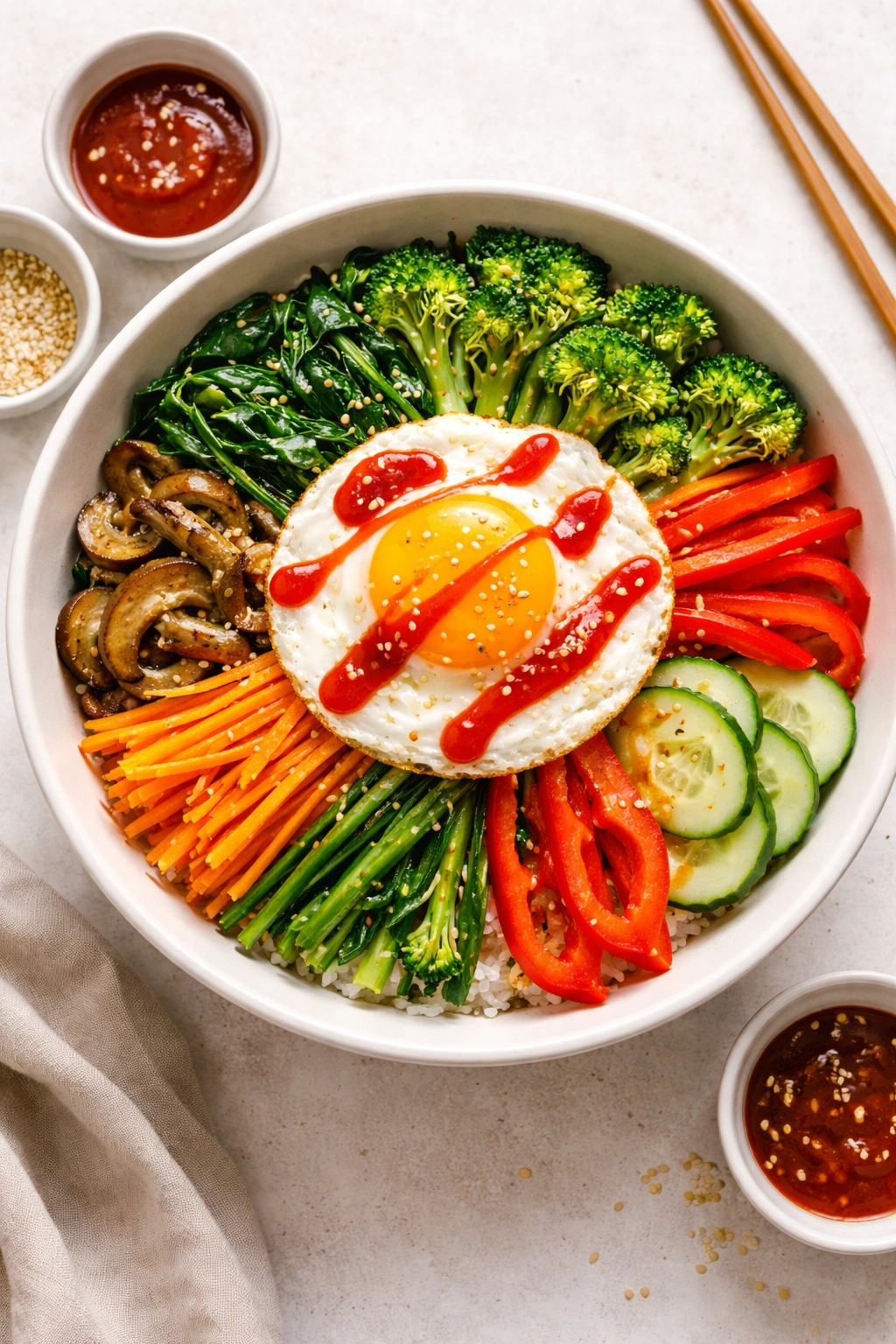 Bibimbap bowl with rice, vegetables, egg and gochujang on a light background
