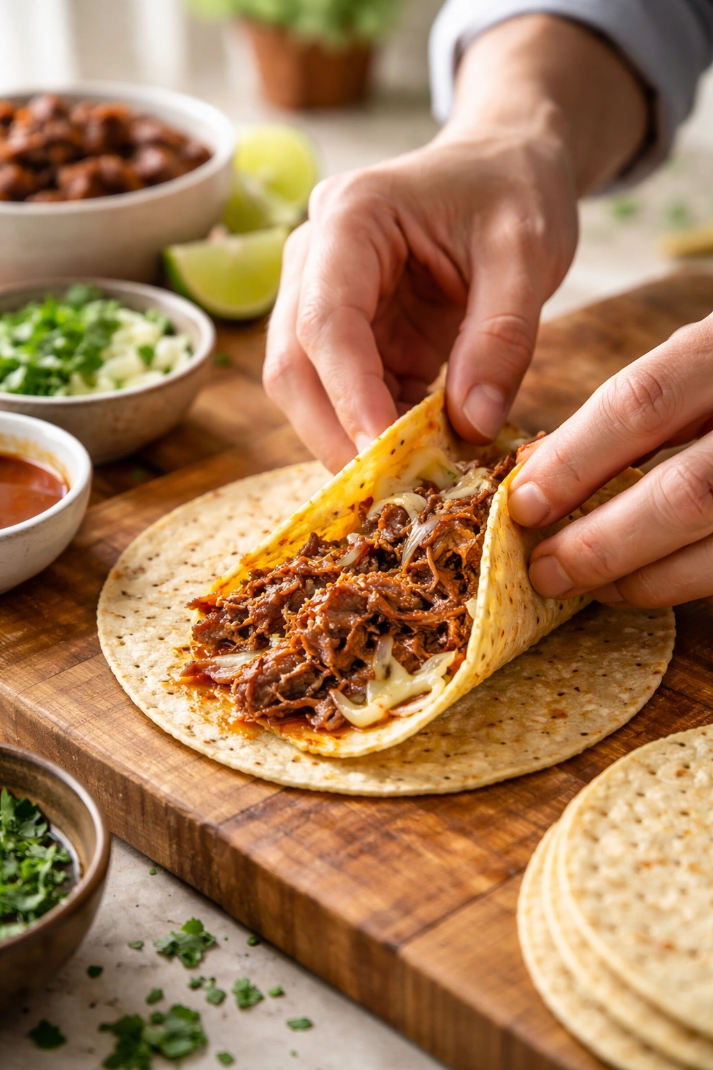 Close-up of hands assembling a birria taco with modest meat and cheese