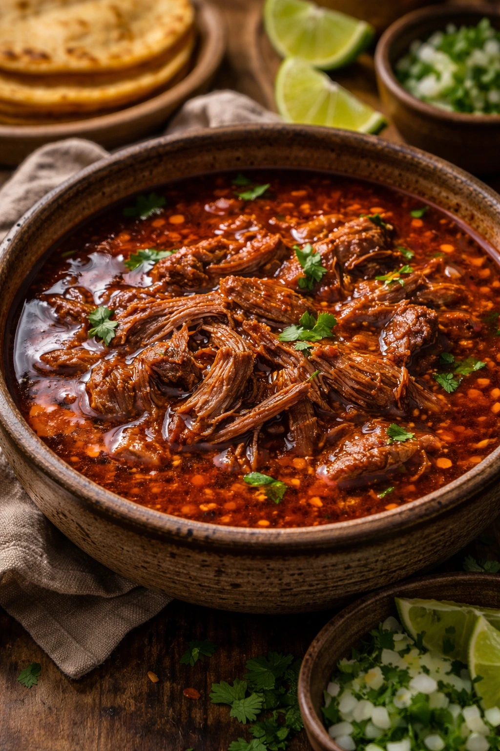 Close-up of birria de res in rich braising sauce in rustic ceramic bowl