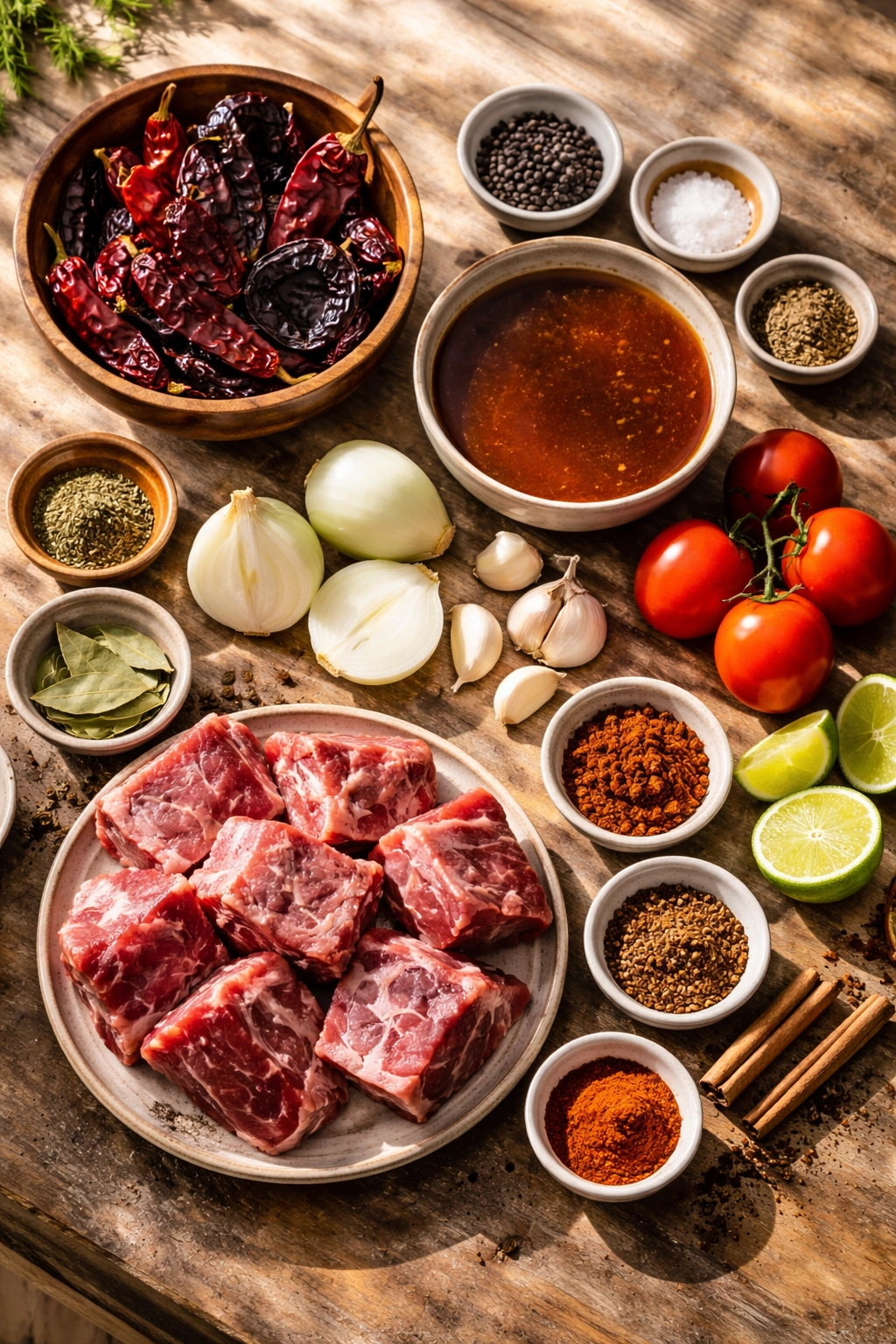 Flat lay of dried chiles, onions, garlic, tomatoes, and spices arranged for birria adobo sauce