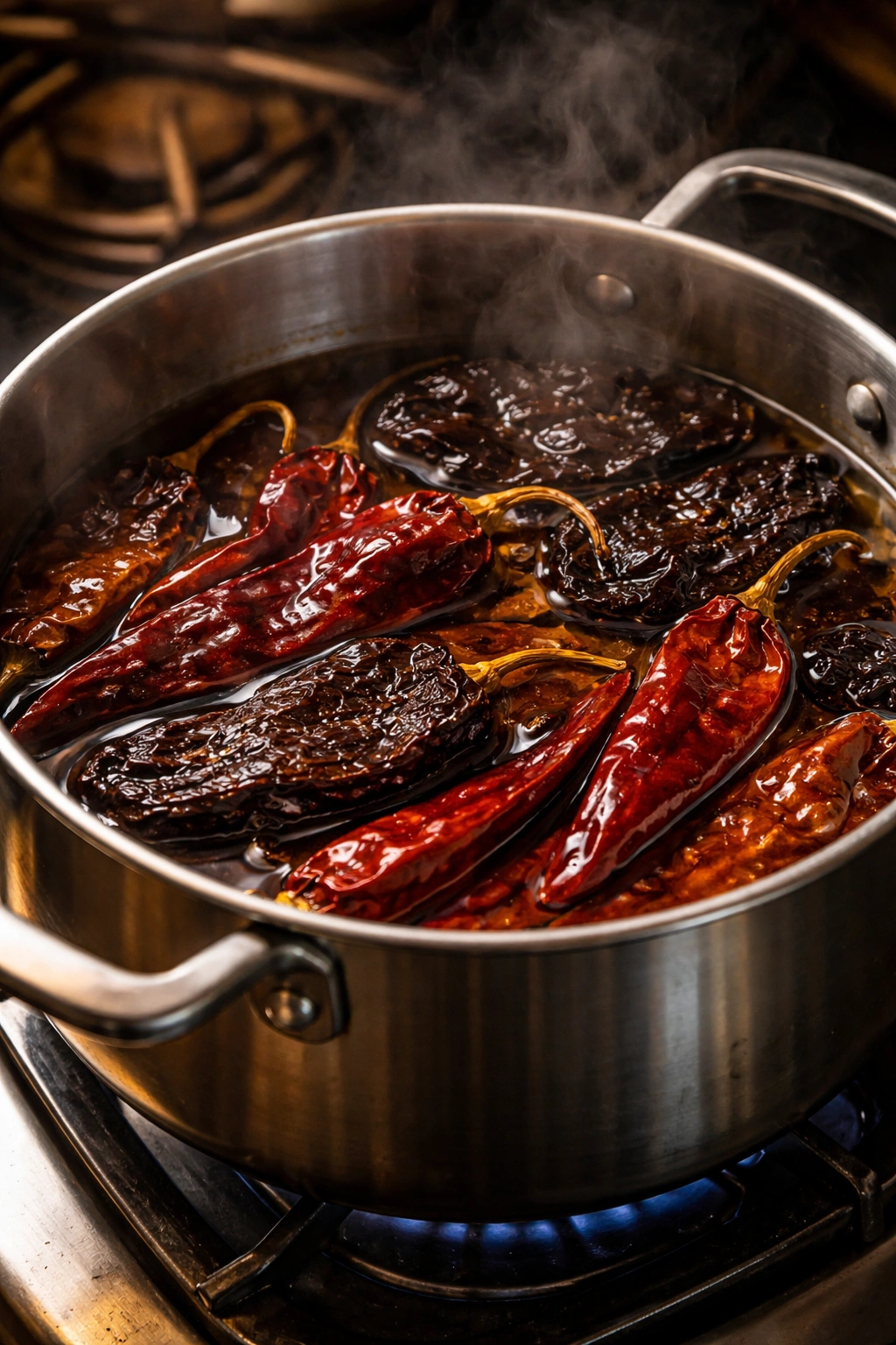 Close-up of softened chiles soaking in water for birria adobo sauce