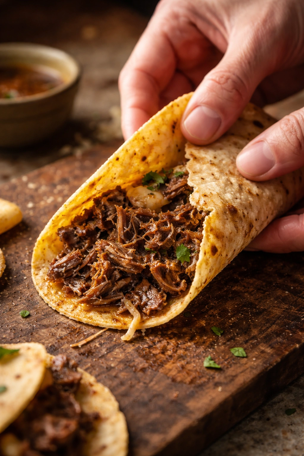 Torn tortilla illustrating a common birria taco assembly mistake