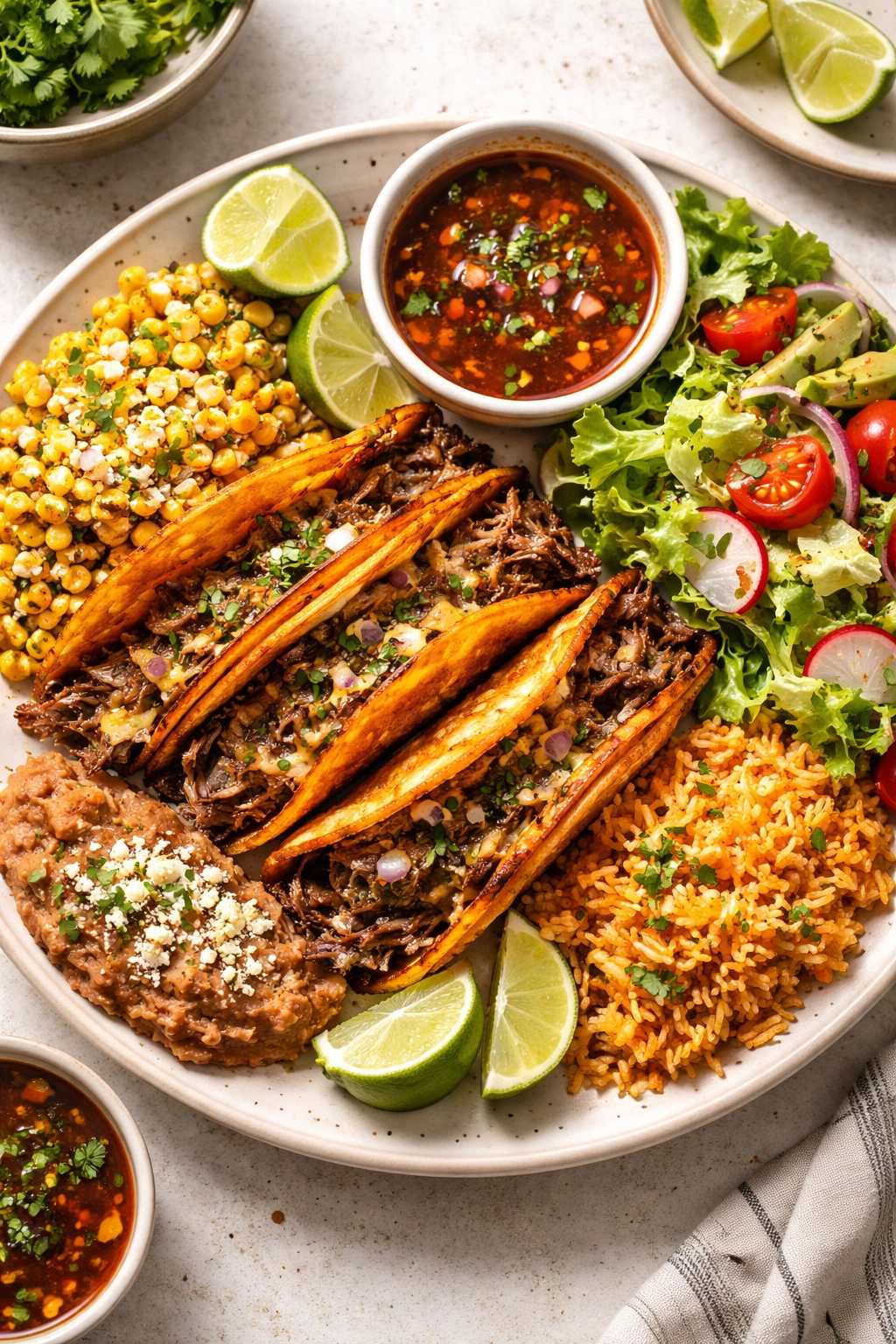 Birria tacos served with corn, lime wedges, and salad on a plate