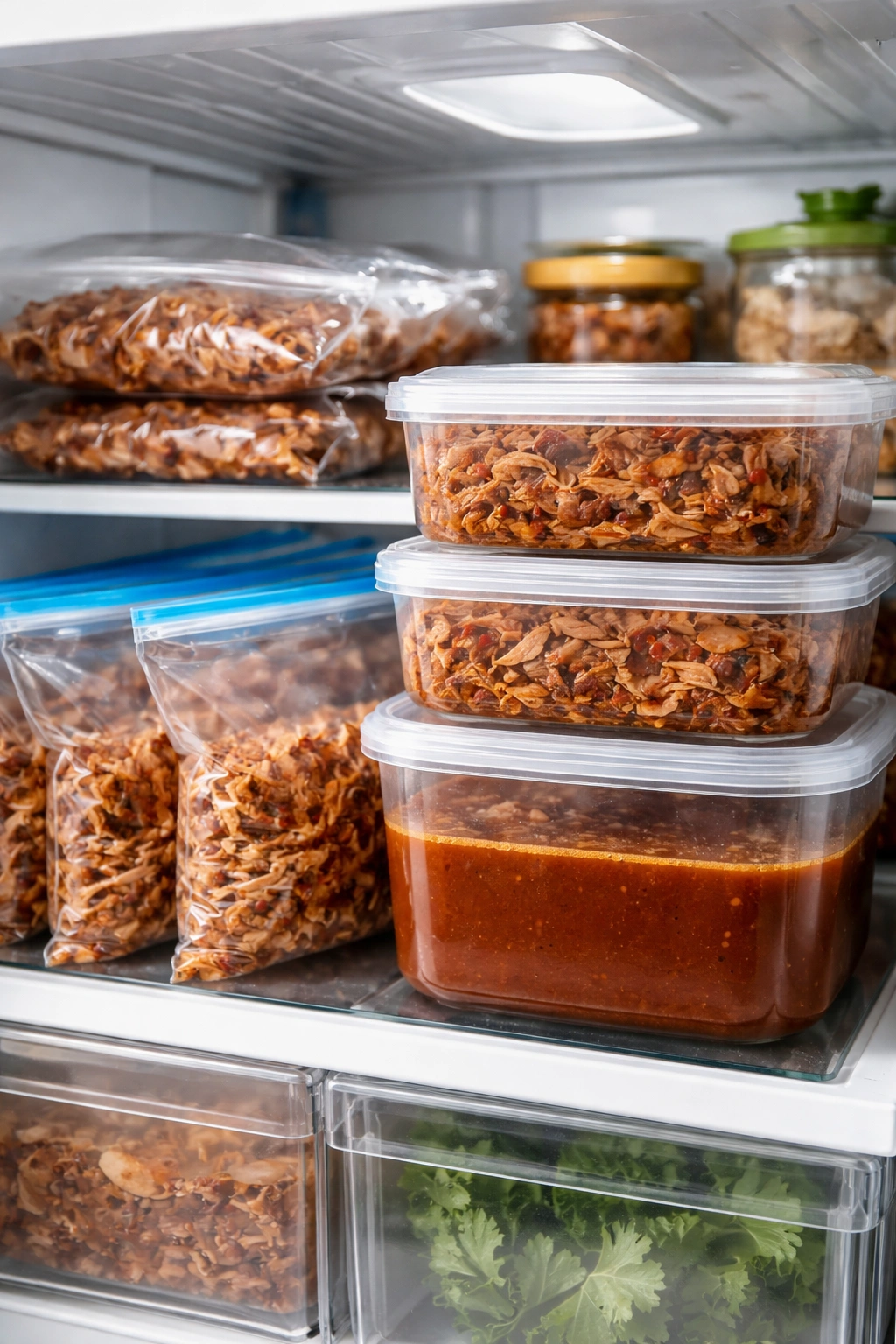 A tidy lineup of containers and bags with birria meat and consomé for storage