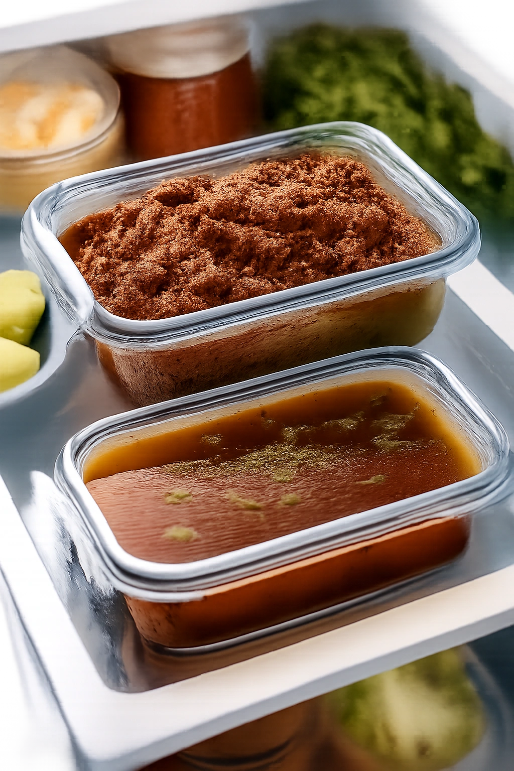 Containers with shredded birria beef and separate consommé for storage