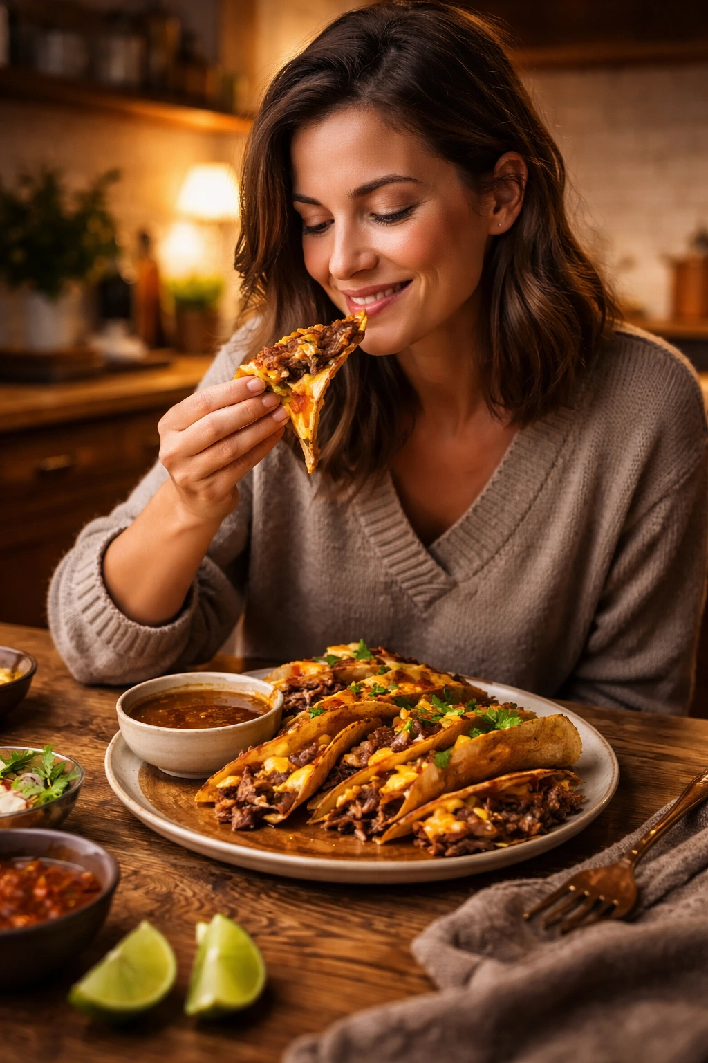 Close-up of a diner savoring birria tacos in a warm kitchen, plate with melted cheese and crispy shells