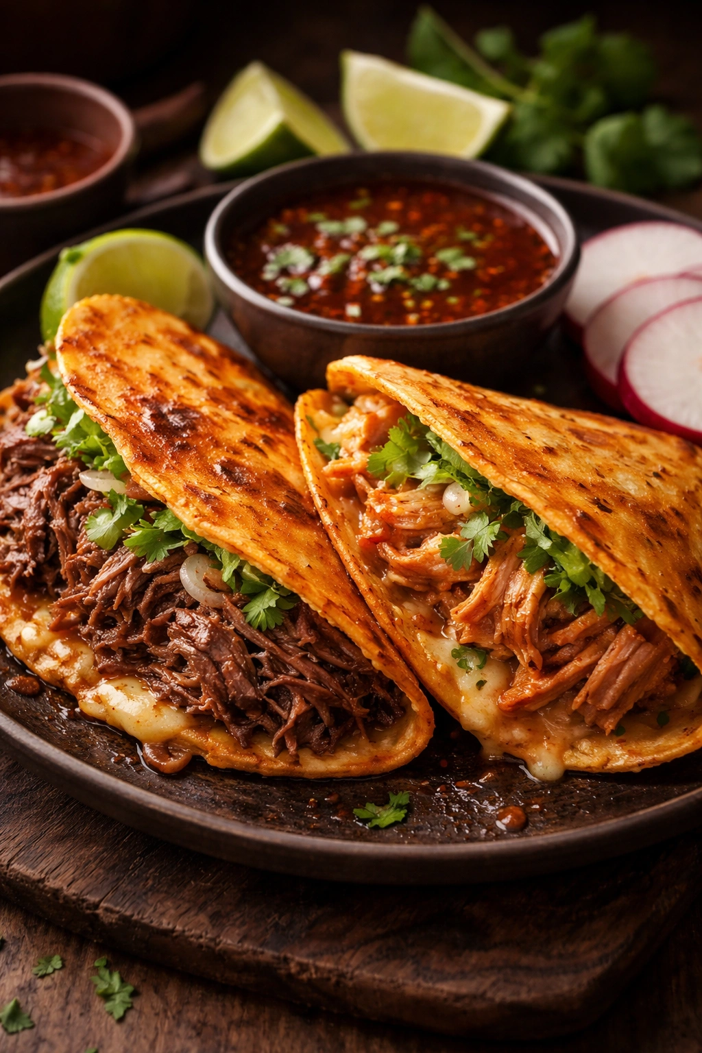 Beef and chicken birria tacos plated to show variations