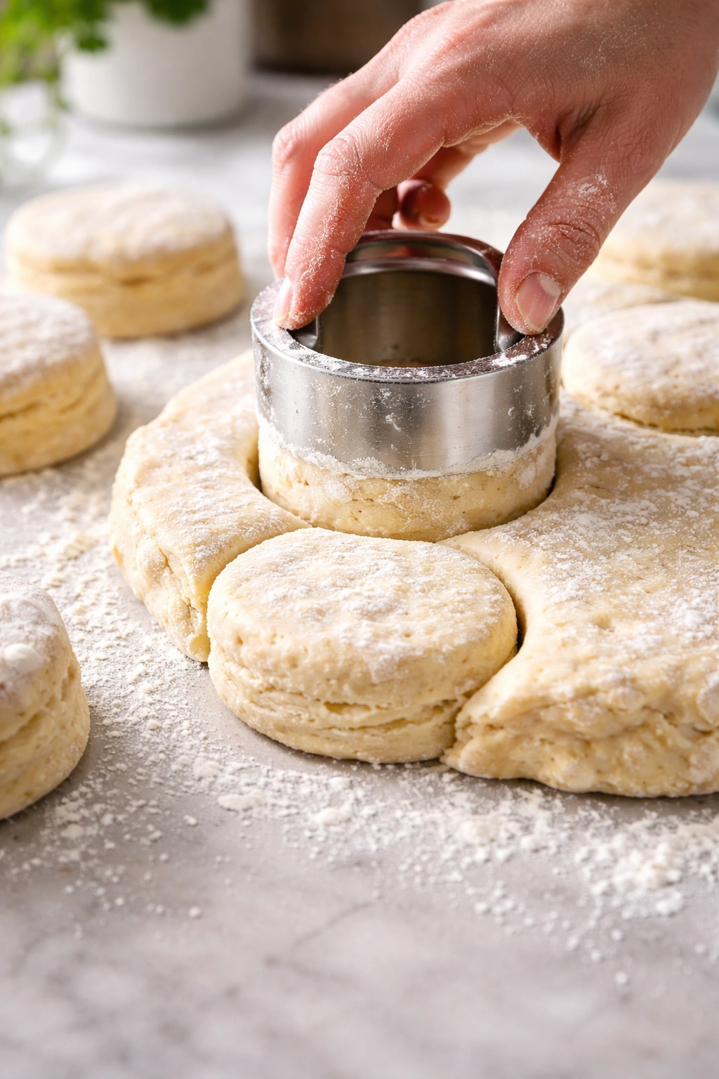 Close-up of a biscuit cutter pressing straight down into dough on a floured surface