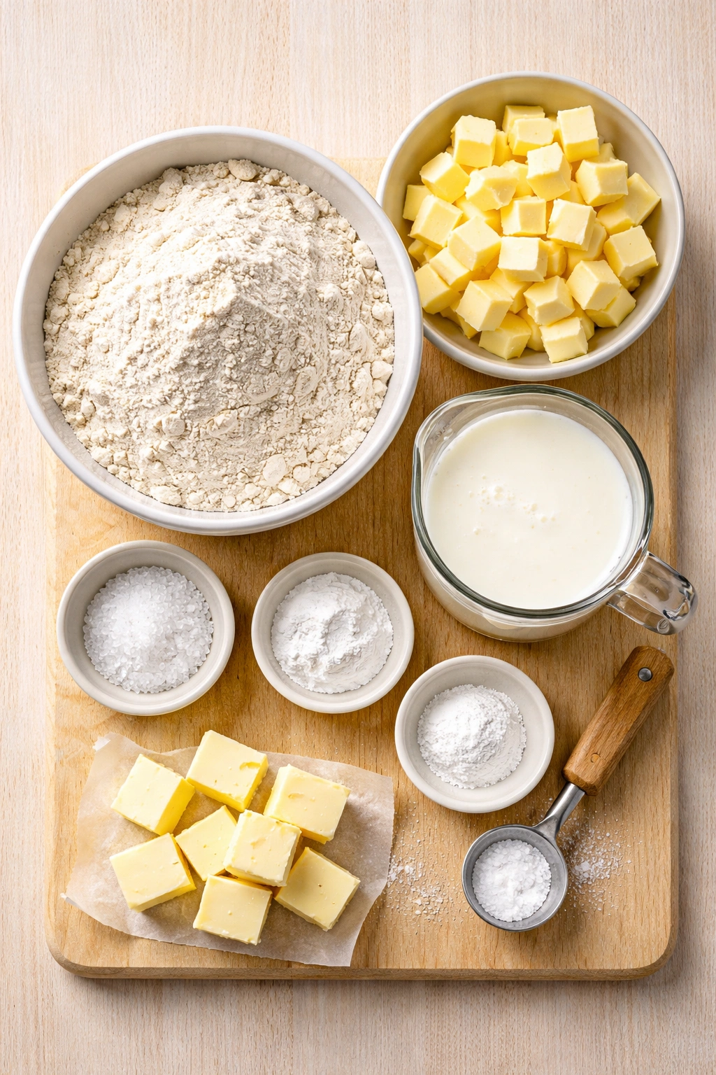 Flat lay of biscuit ingredients including flour, butter, and buttermilk