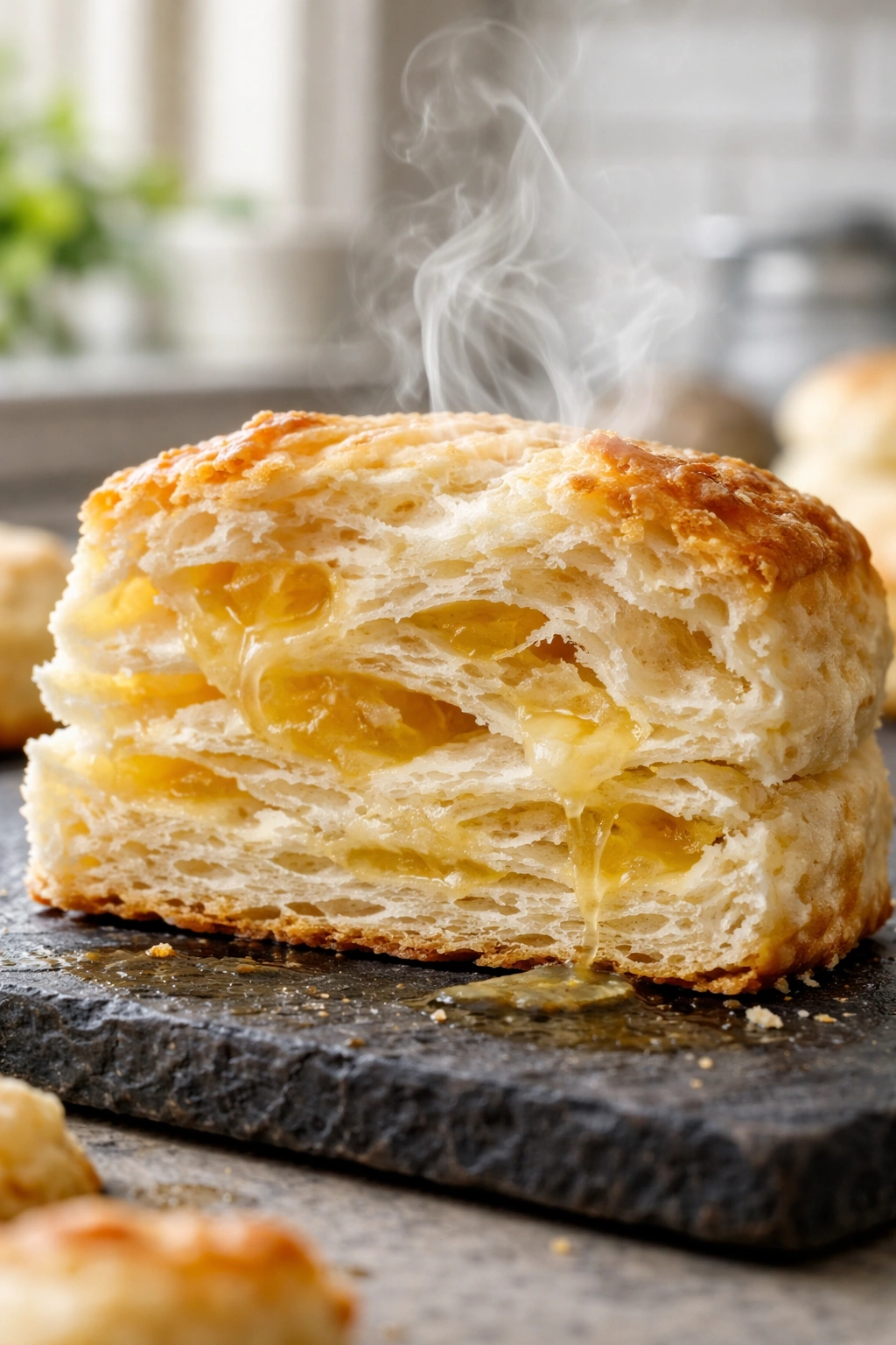 Cross-section of a flaky biscuit revealing visible layers and butter pockets