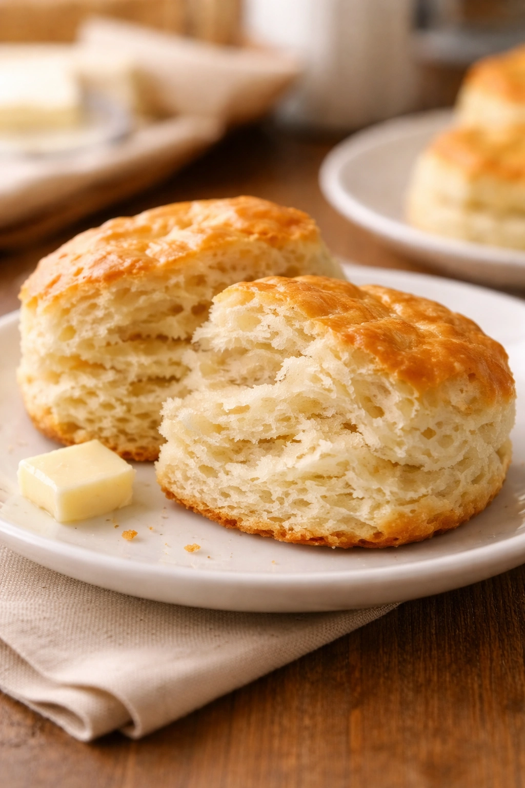 Warm biscuit half showing visible layers on white plate