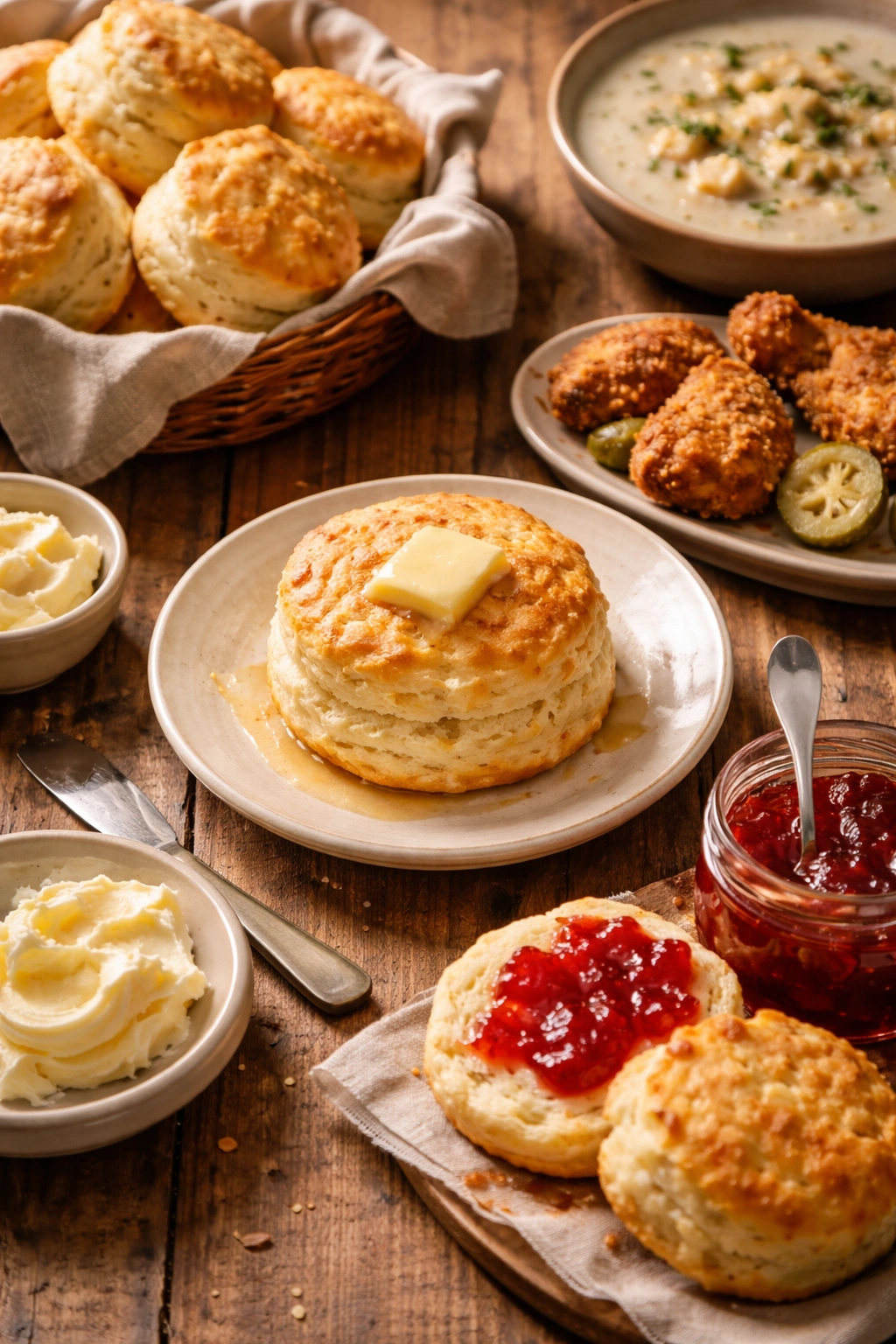 Fluffy biscuit with melting butter on plate