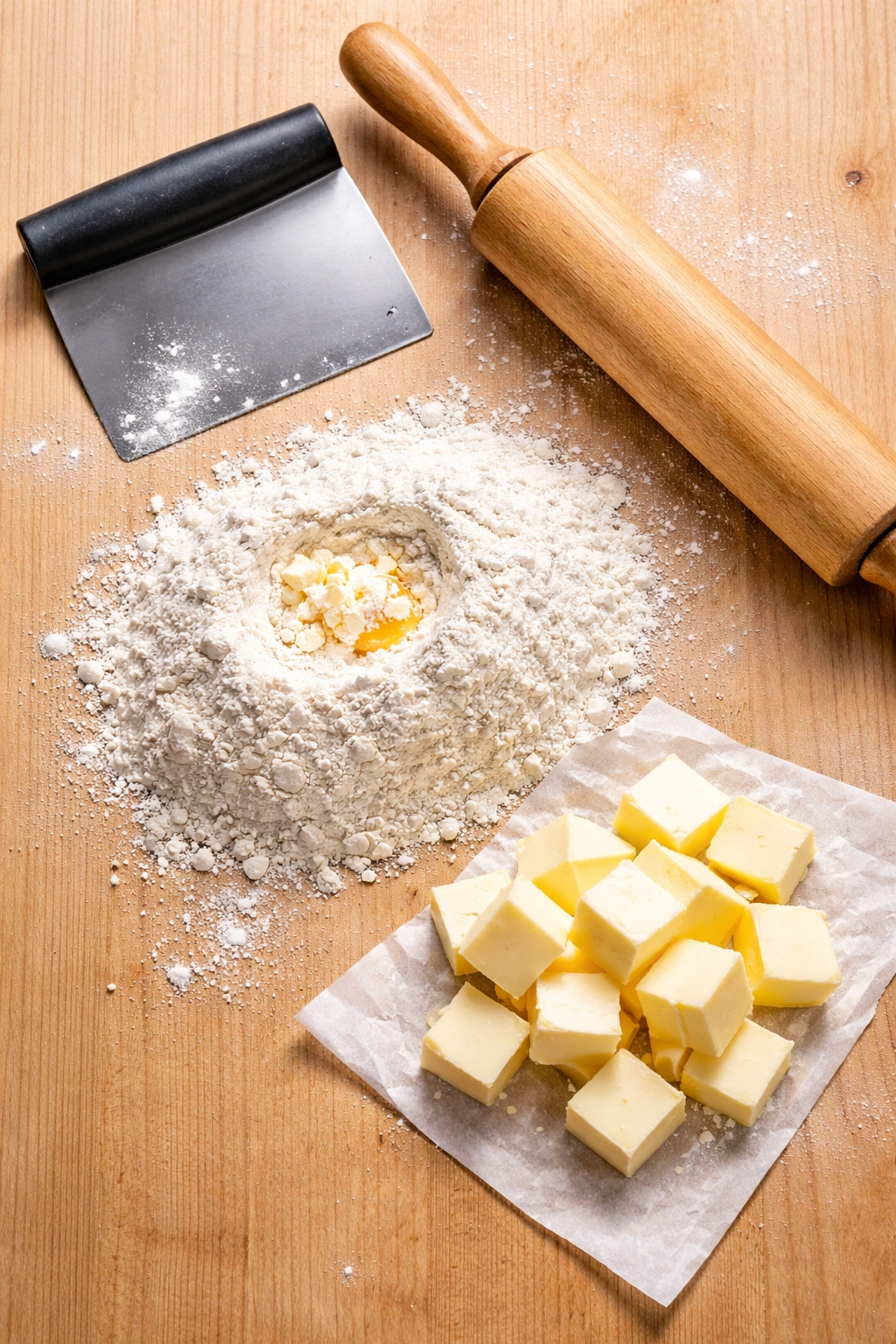 Flat lay of biscuit tools and ingredients including bench scraper, rolling pin, flour, and cold butter