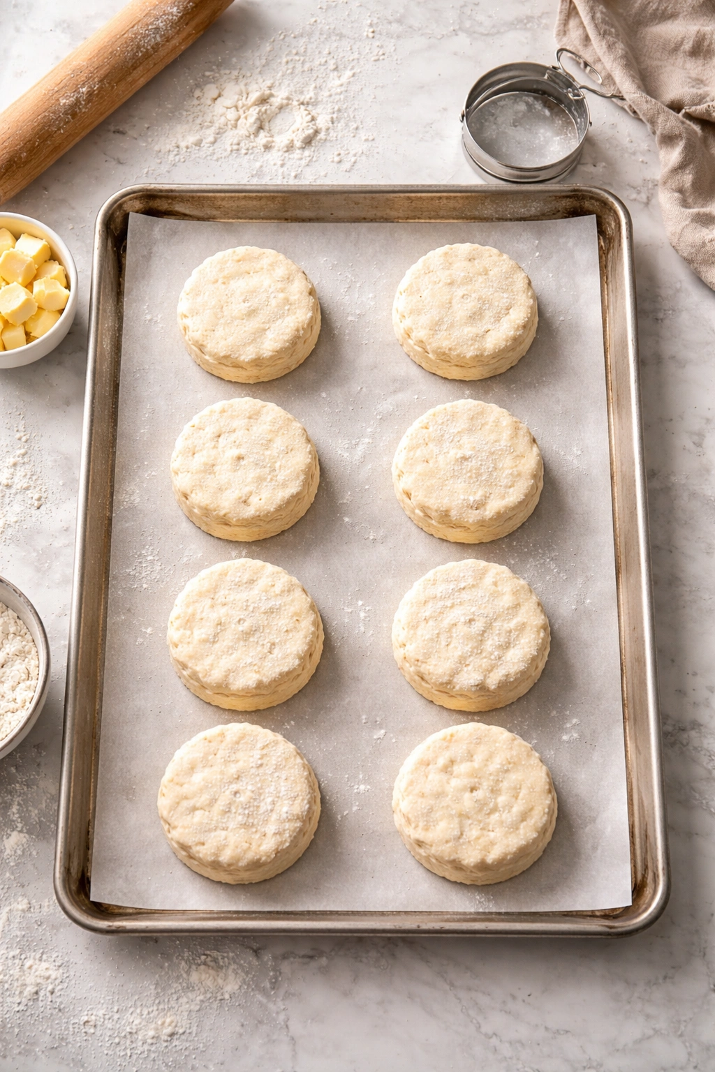 Eight biscuit rounds arranged on parchment on a baking sheet