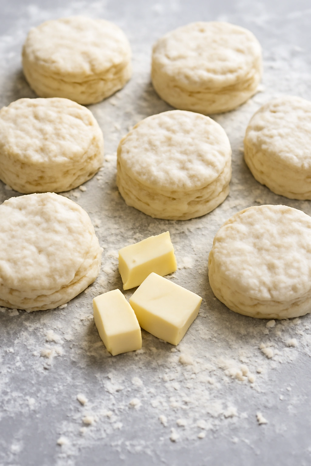 Dough rounds with cold butter on a floured surface for flaky biscuits