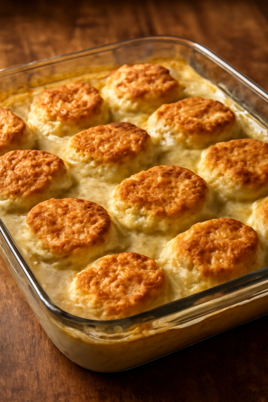 Close-up of a golden biscuits and gravy bake in a 9x13 dish on a warm rustic counter