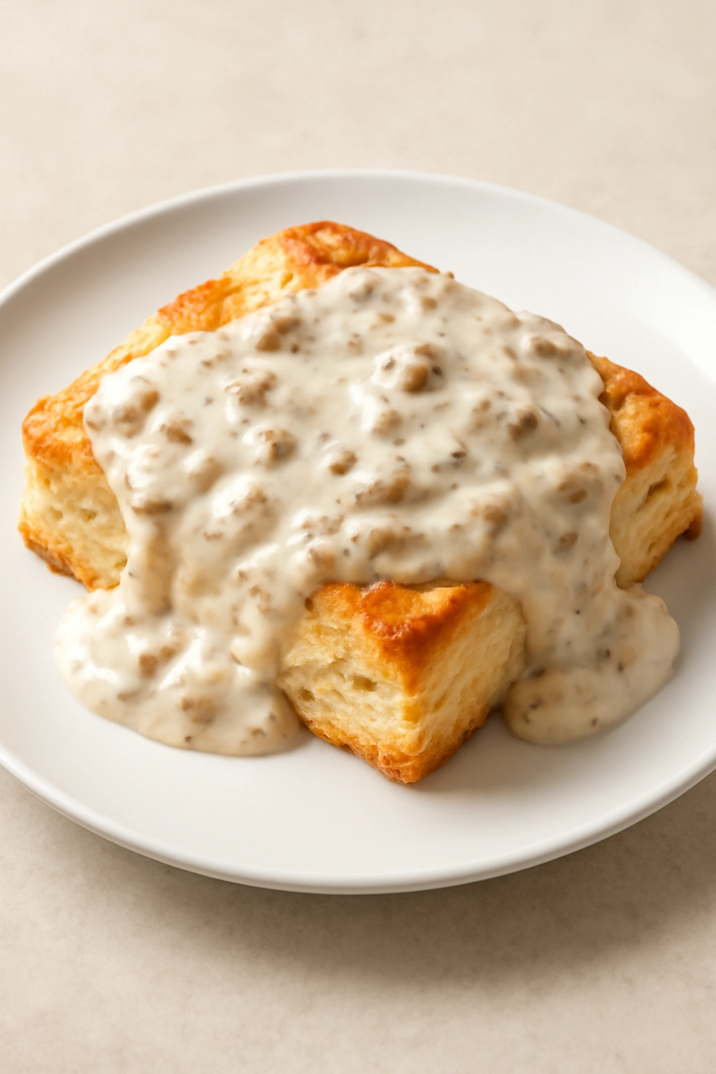 Close-up of a golden-brown biscuits and gravy bake plated for brunch with glossy sauce