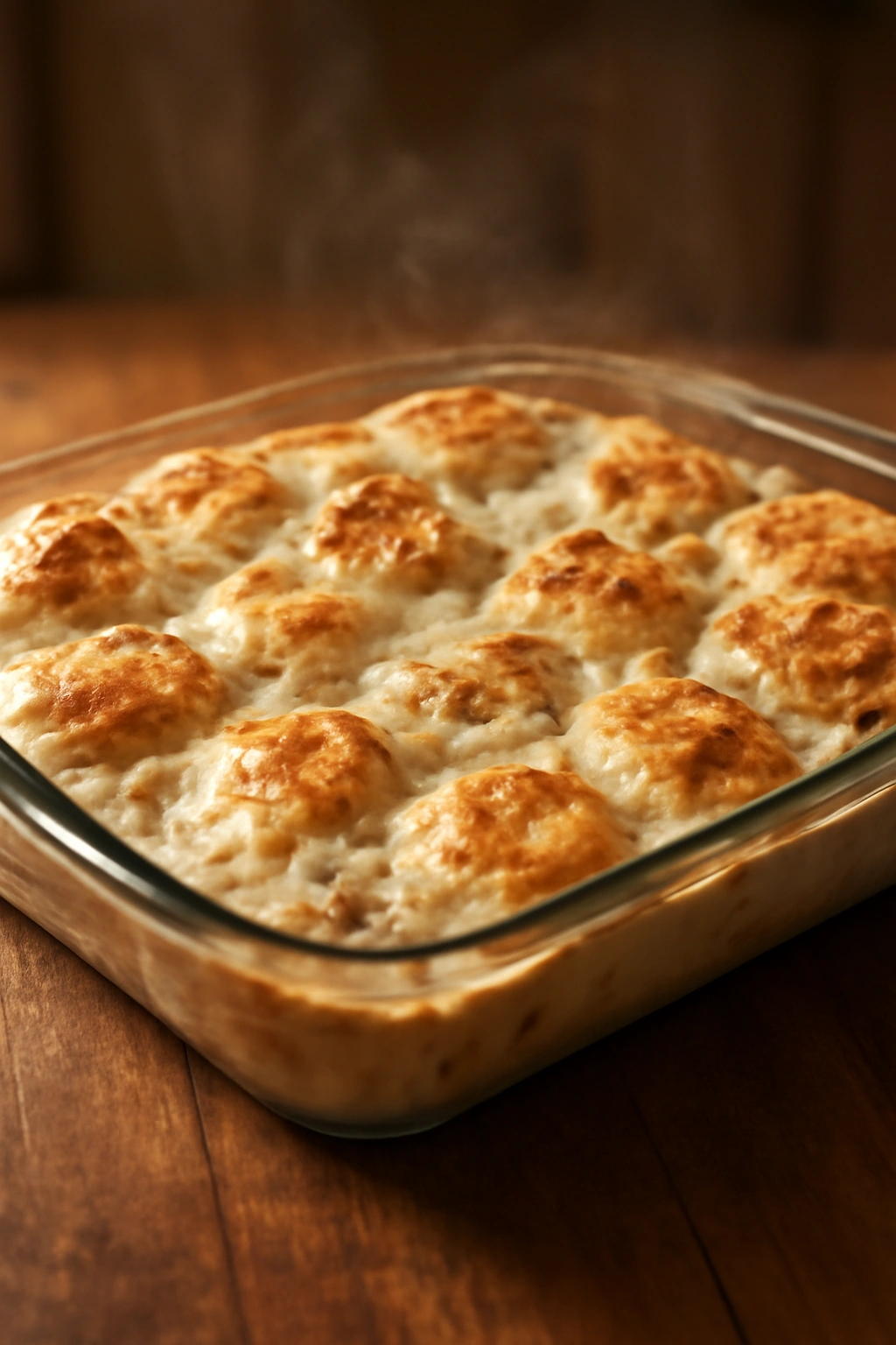 Brunch bake centerpiece on wooden table with soft morning light