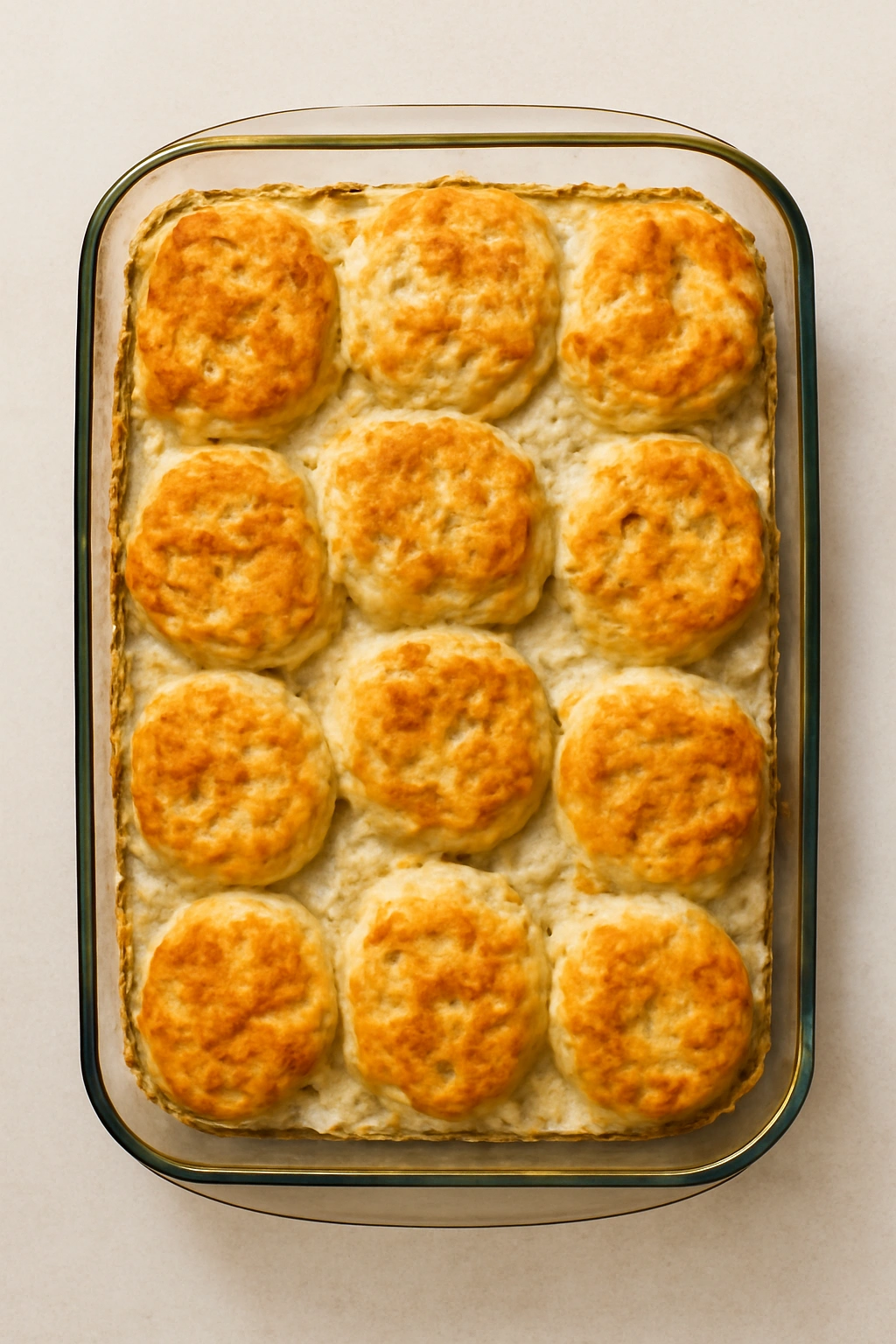 Finished biscuits and gravy bake in a 9x13 dish, golden top