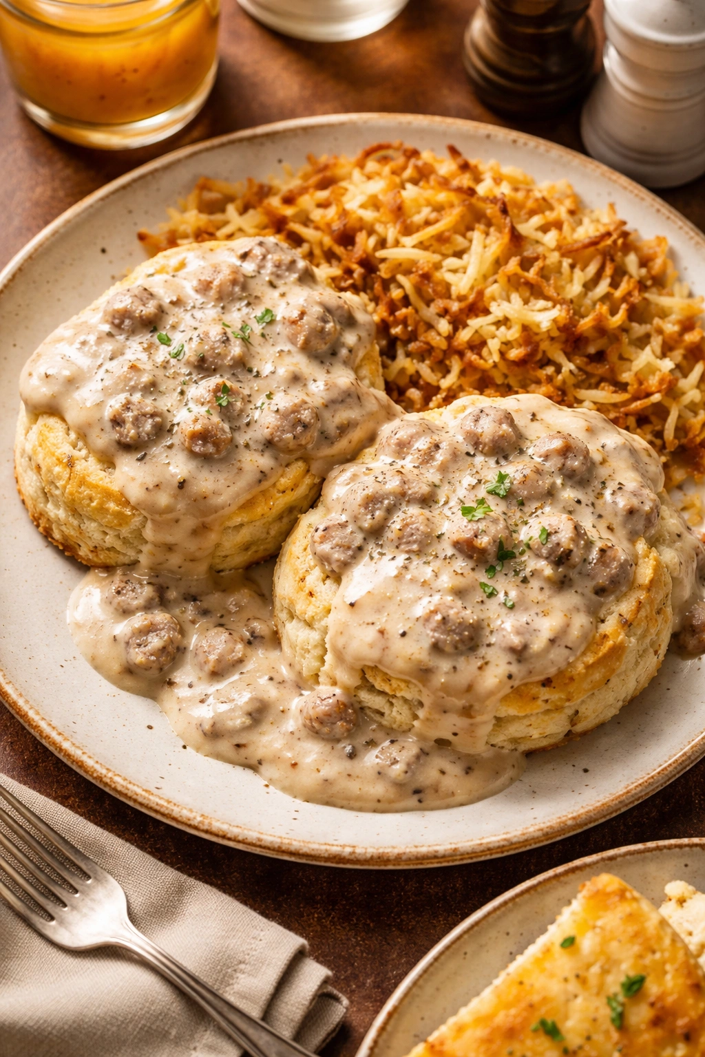 Biscuits with sausage gravy plated for serving alongside.