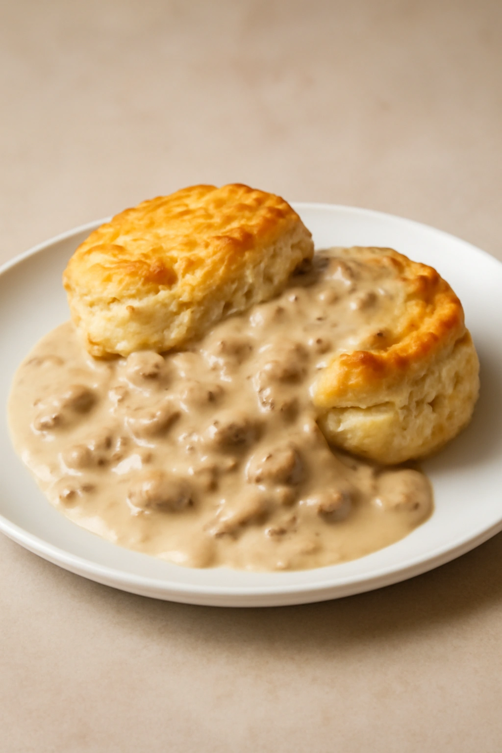 Plate of biscuits and gravy on a neutral studio background