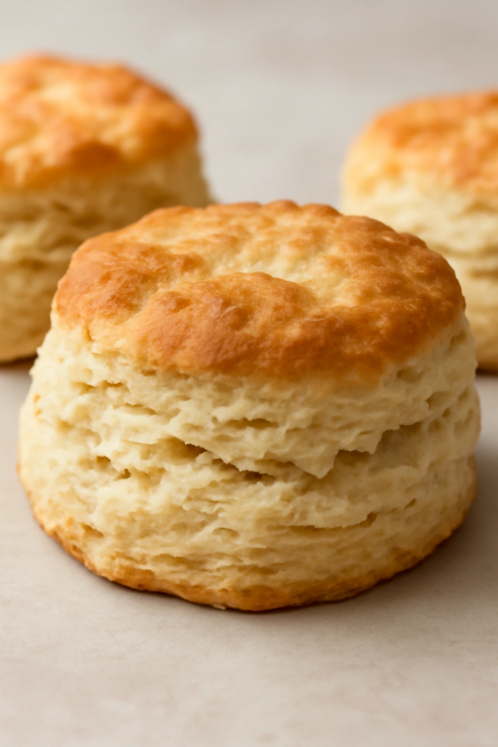 Close-up of flaky homemade biscuits with visible crumb on neutral surface