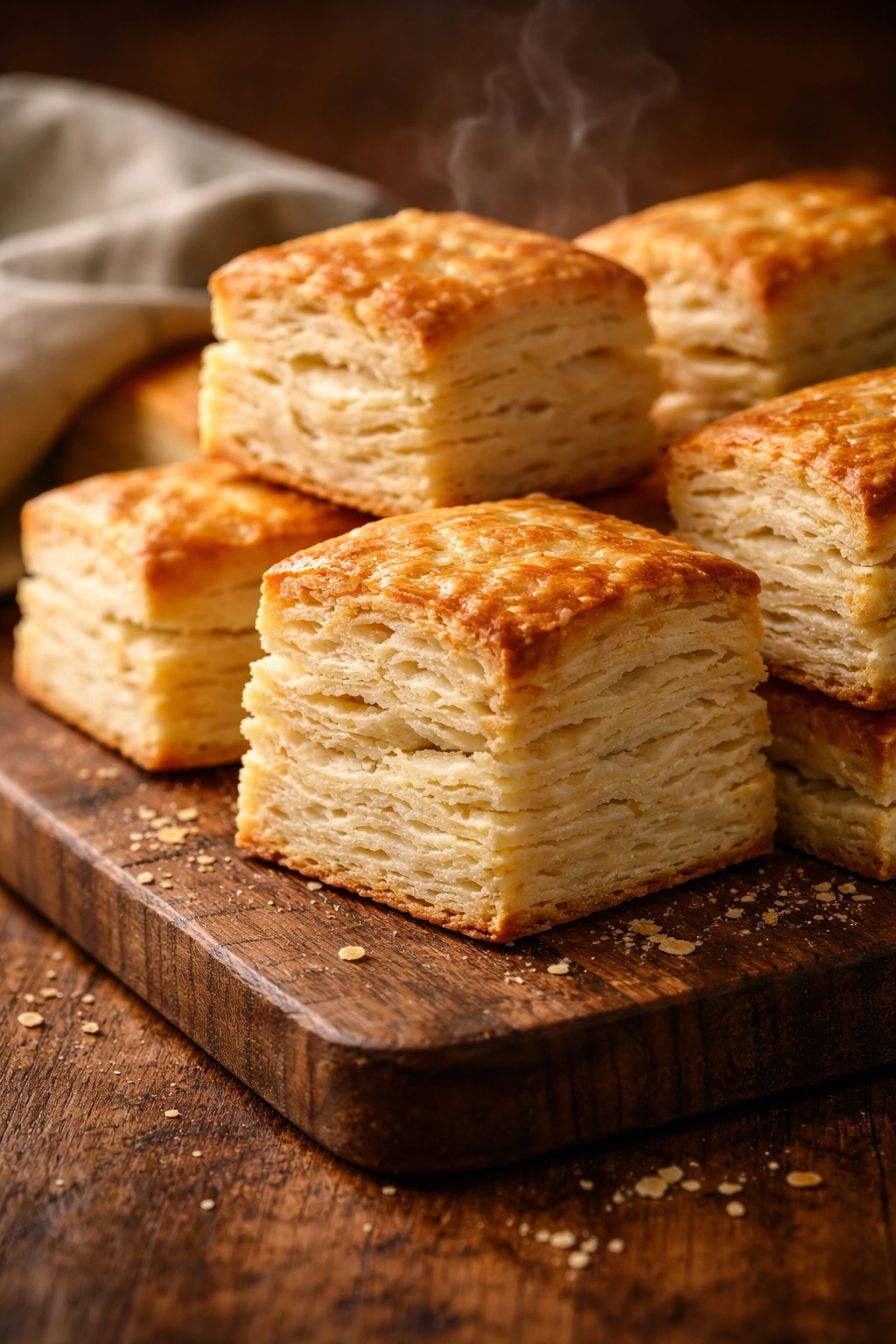 Close-up of rectangular-cut laminated biscuits showing flaky layers on a wooden board