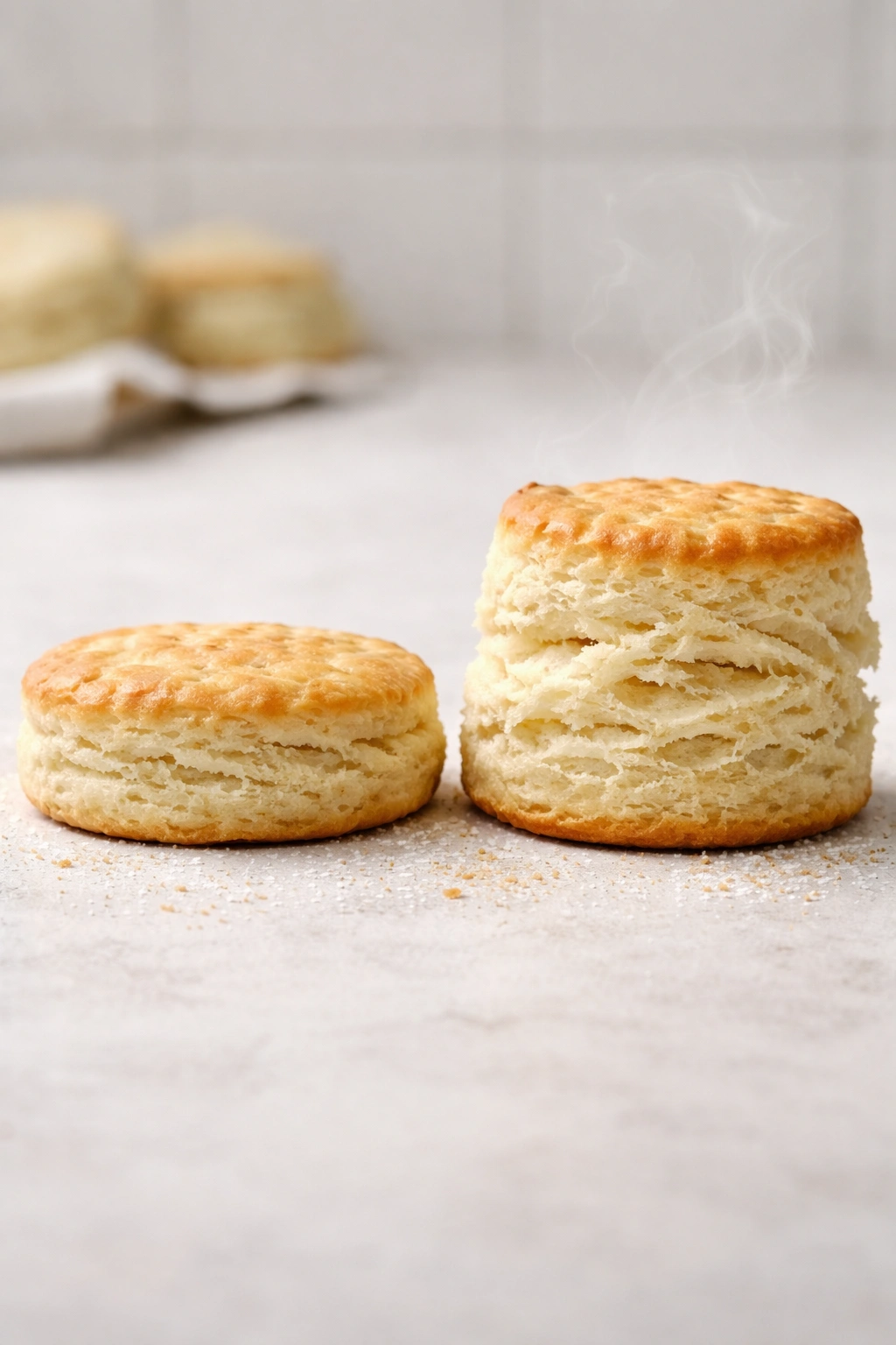 Dense flat biscuit next to fluffy biscuit illustrating common mistakes