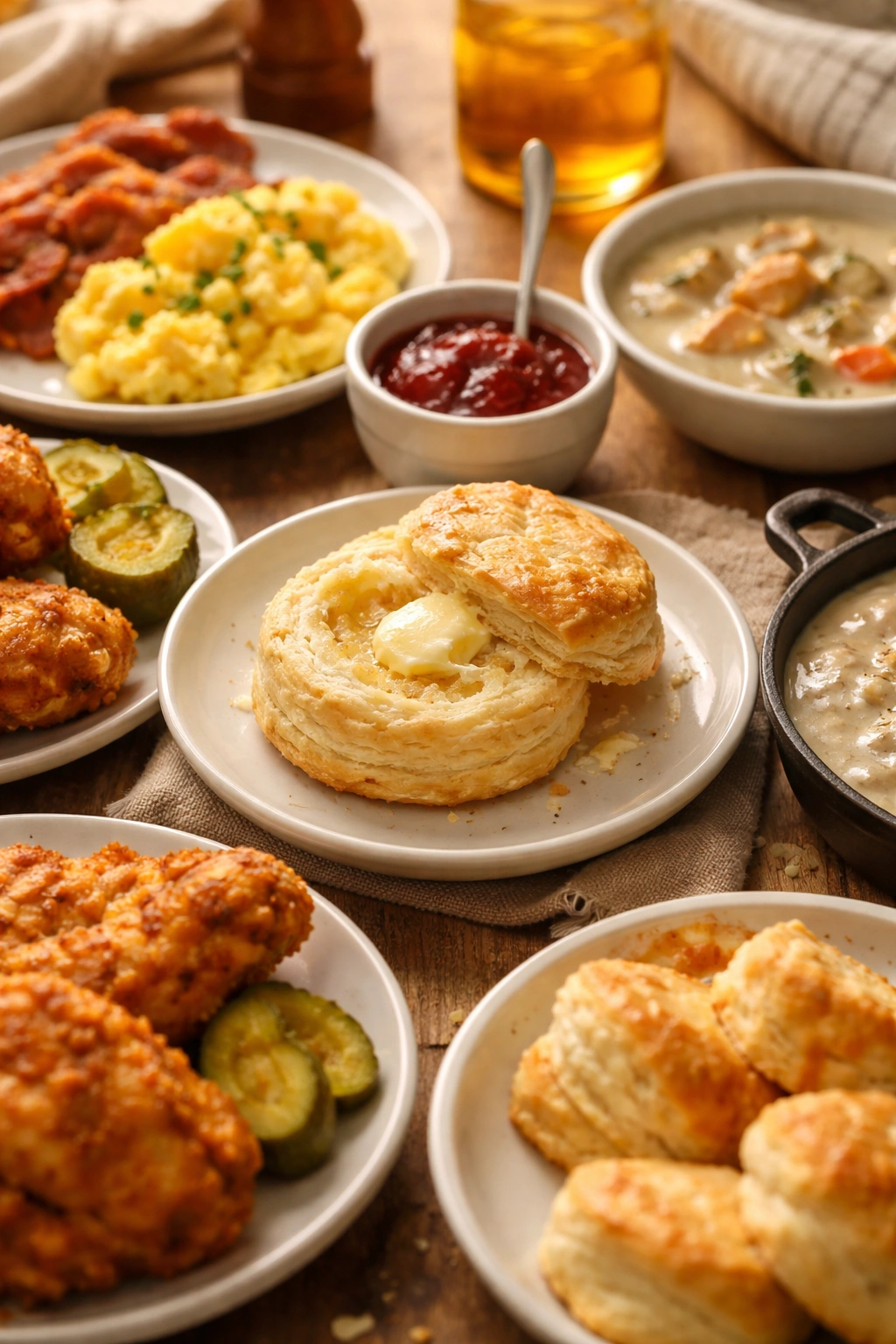 Warm biscuit on plate in cozy kitchen lighting