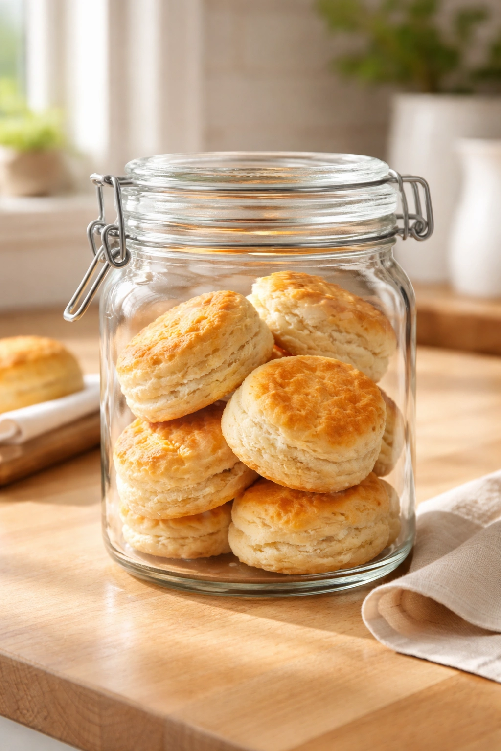 Glass airtight jar with warm fluffy biscuits on wooden counter