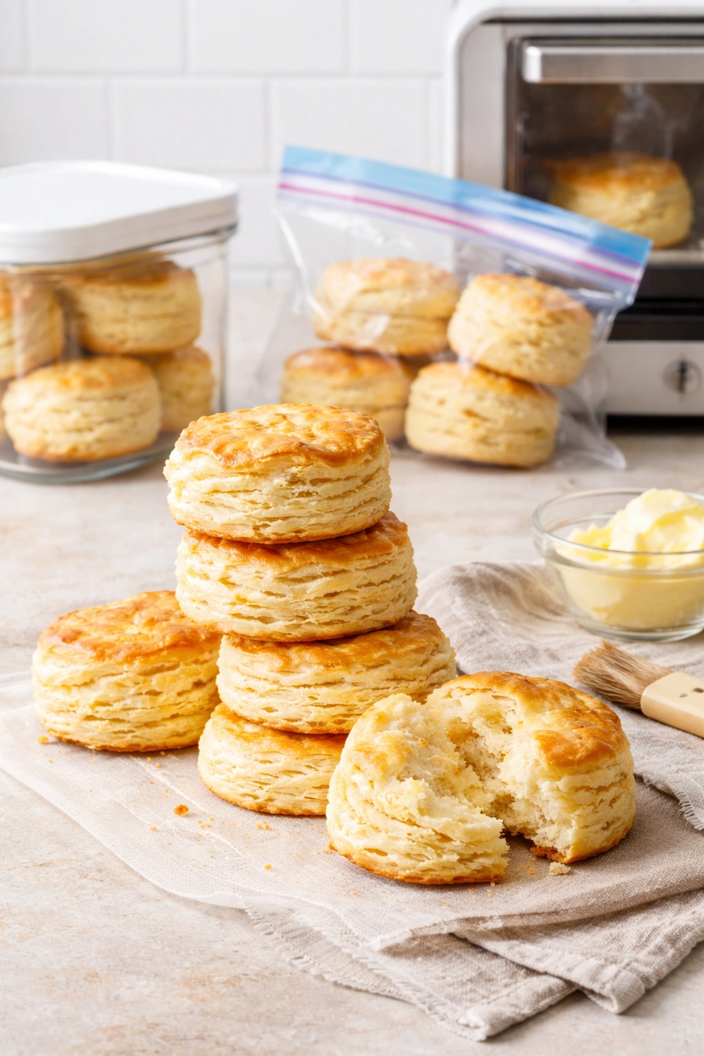 Stack of plain biscuits on neutral surface for storage and reheating concept