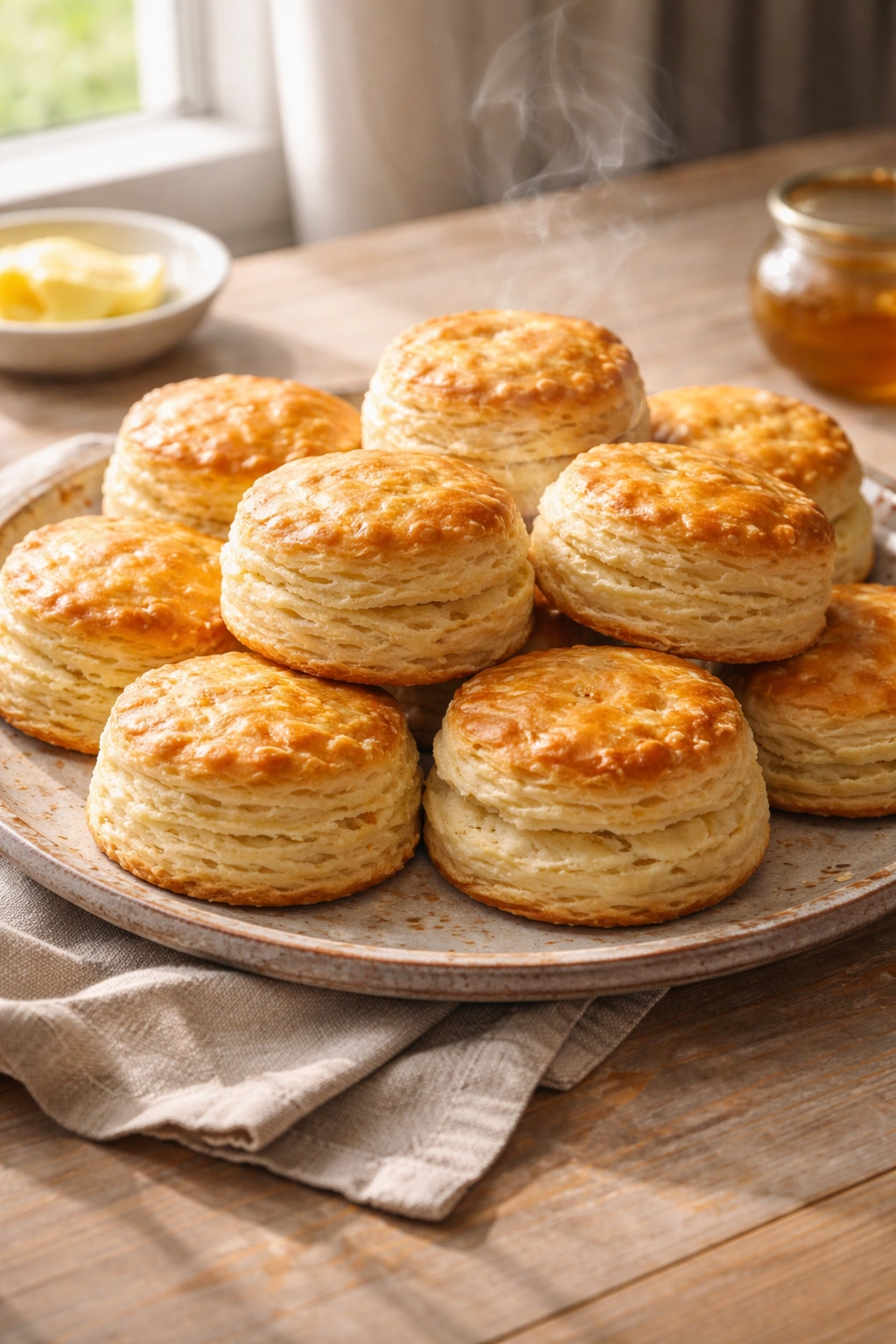 Eight to ten baked biscuits on a rustic plate ready to serve