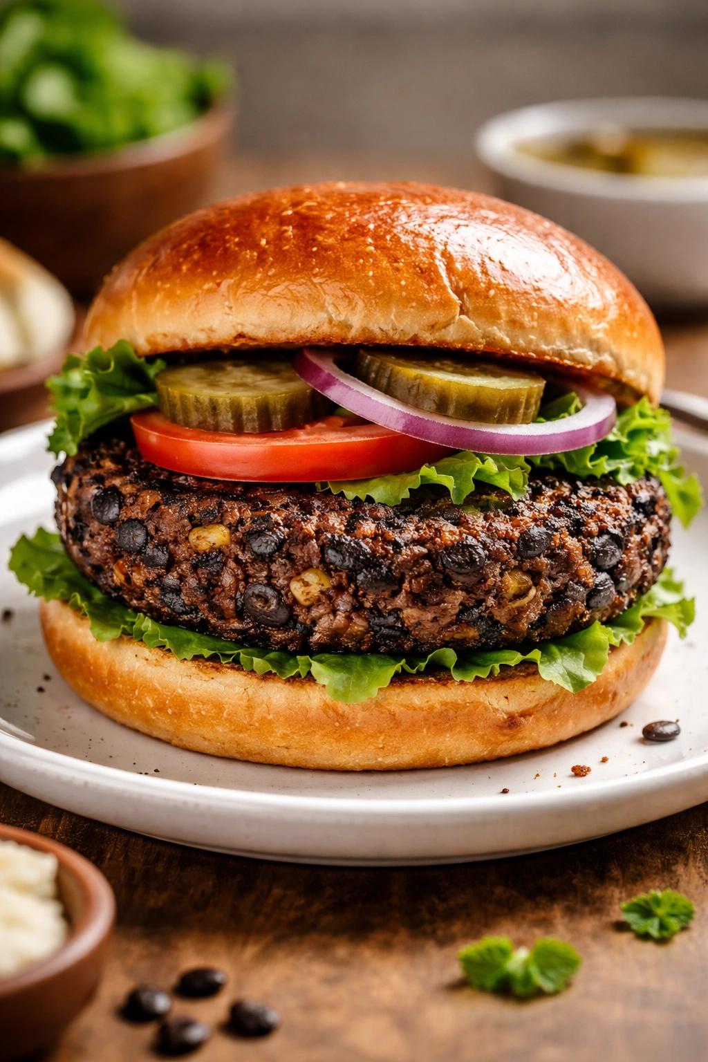 Black bean burger on bun on a plate